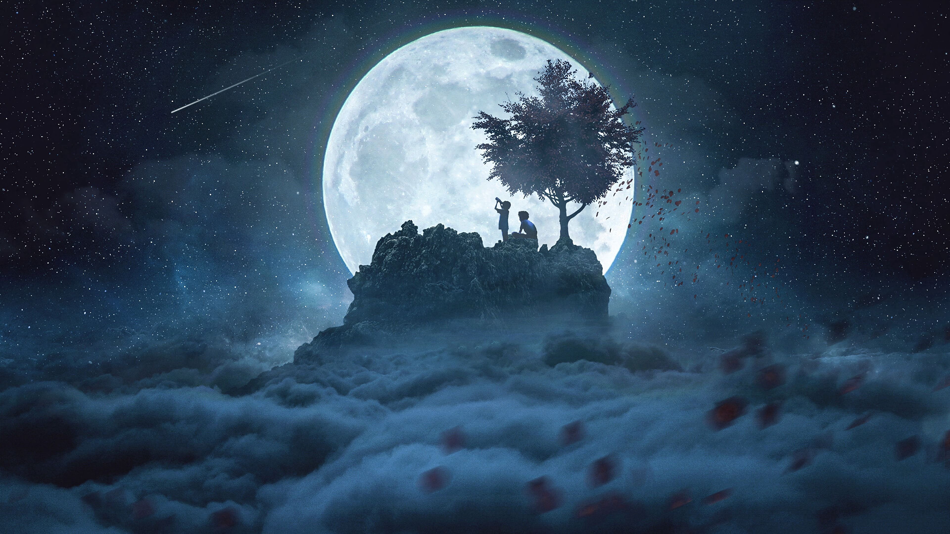 3840x2160 Download wallpaper 3840x2160 silhouettes, moon, night, peak, starry sky, full moon HD background