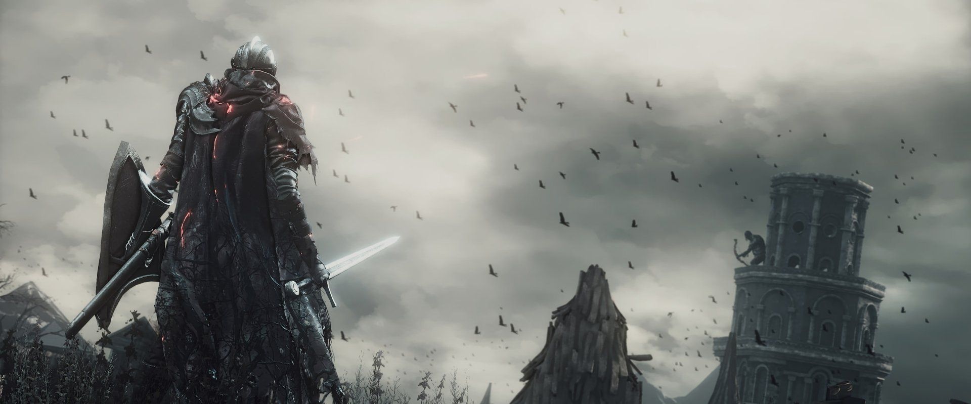1920x799 Dark Souls III HD Wallpaper: Lone Warrior in the Bleak Skies