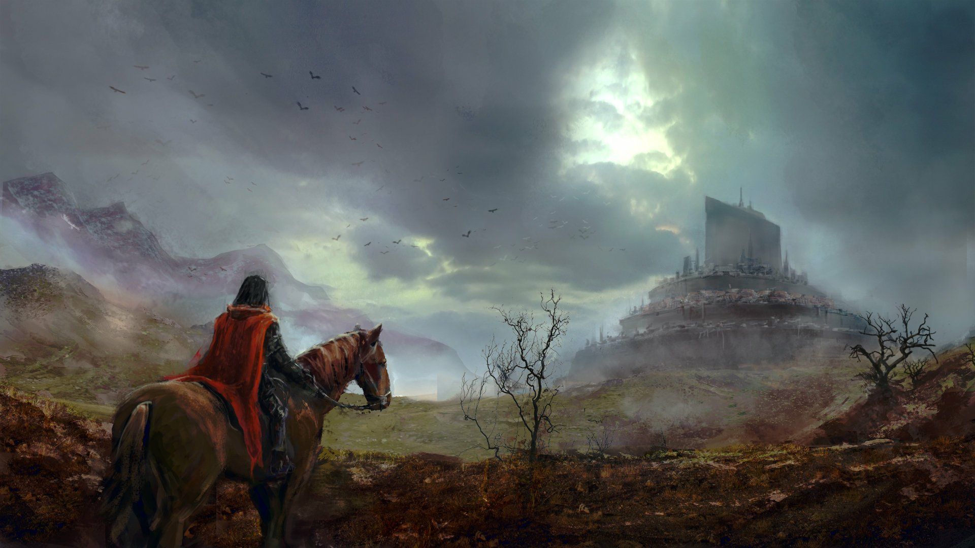 1920x1080 Epic Fantasy Knight: HD Wallpaper of a Lone Rider Facing the Mystical Fortress