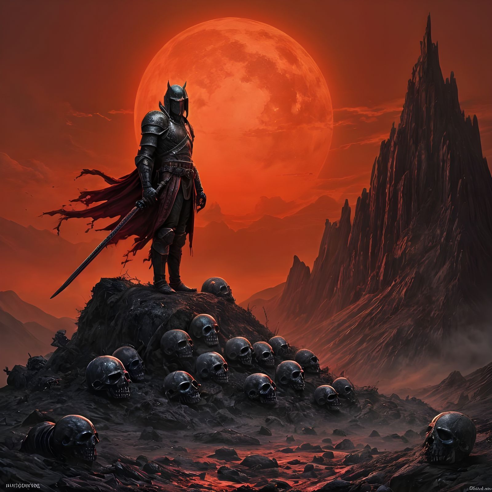 1600x1600 Knight Silhouetted Against Red Sunset in Dark Fant