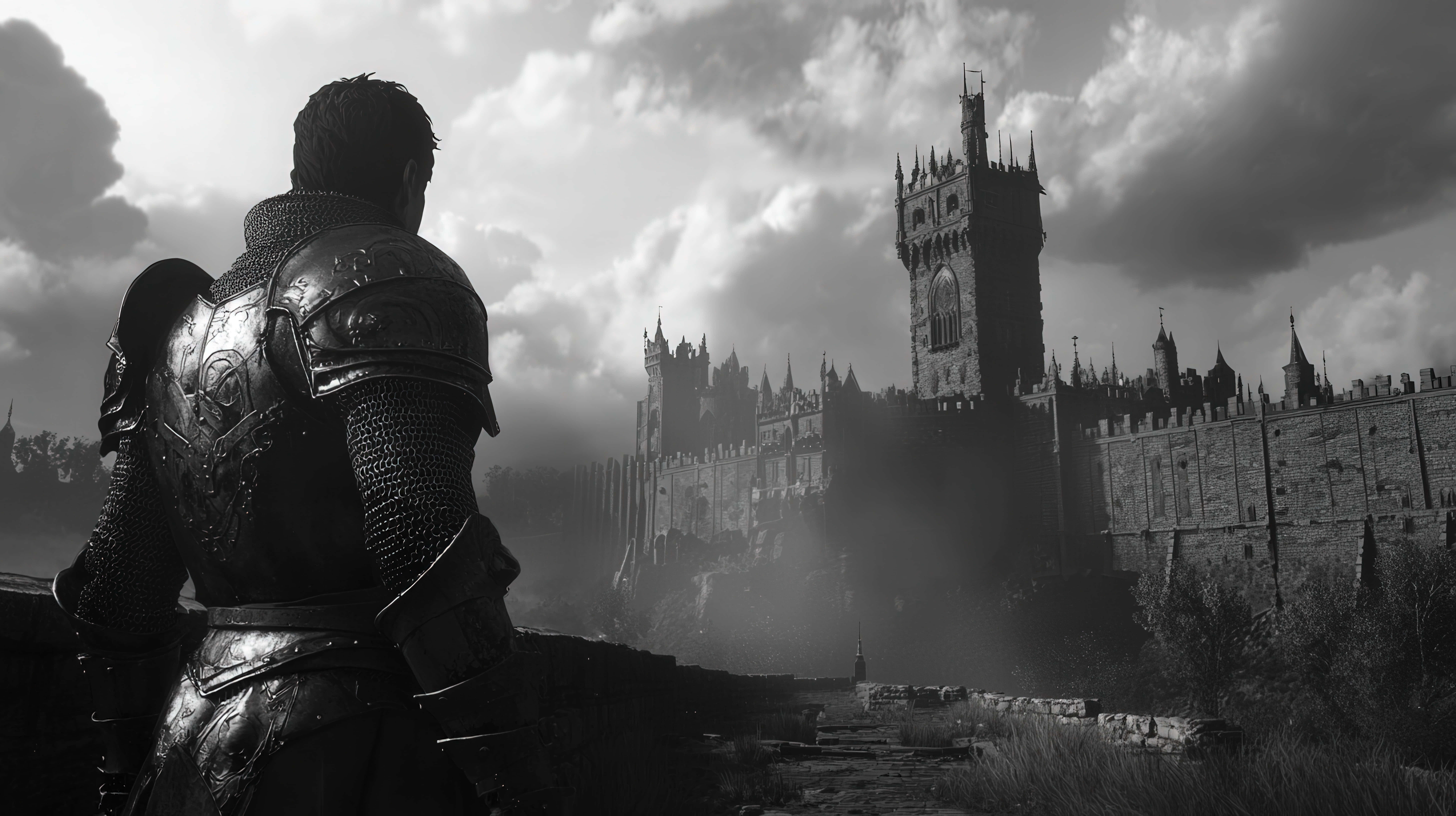 8736x4896 Download A lone knight in heavy armor stands in a dark landscape, gazing at a towering medieval castle Wallpaper