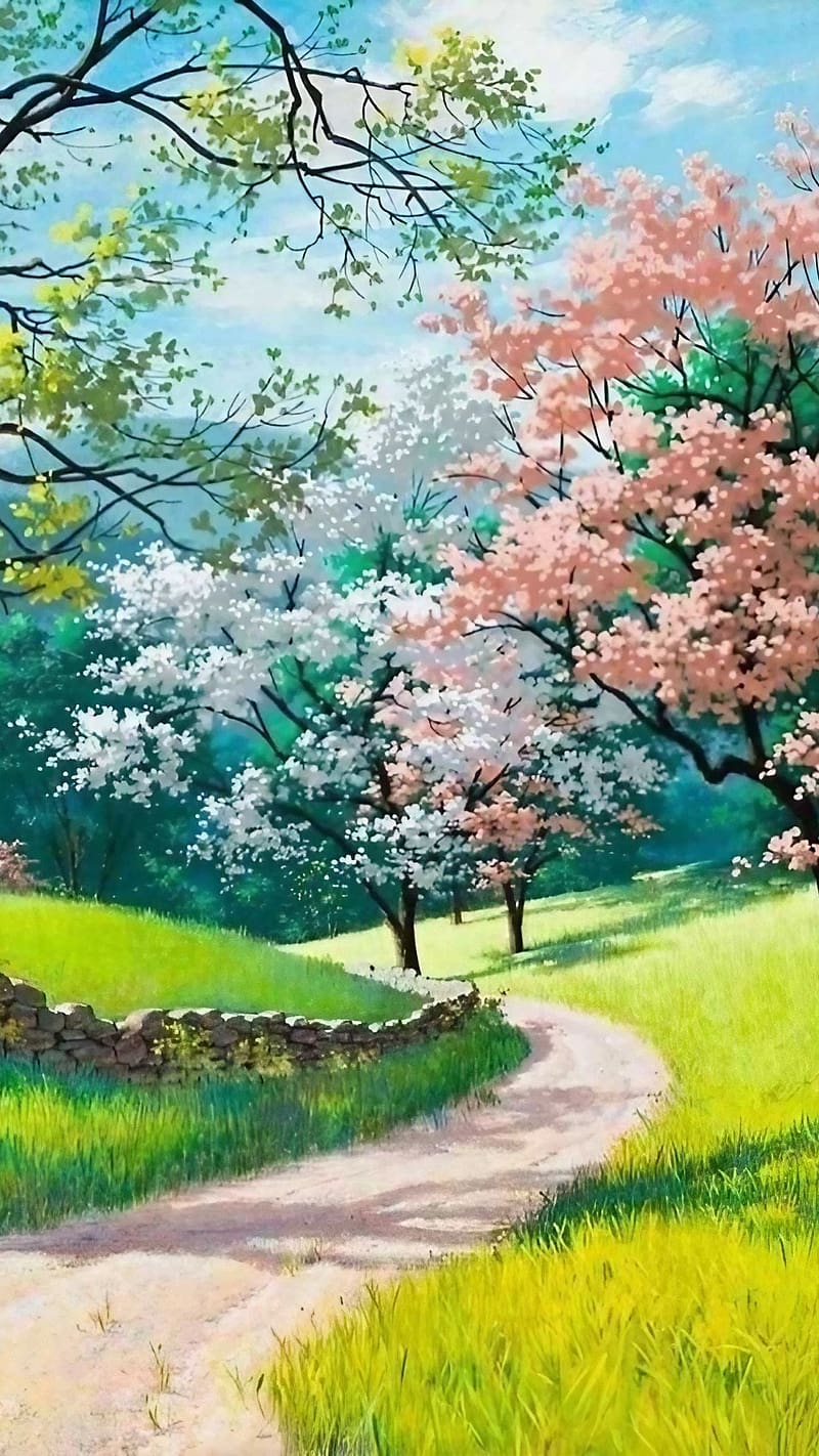 800x1422 Scenery Drawing, Cherry Blossom Art, nature, HD phone wallpaper