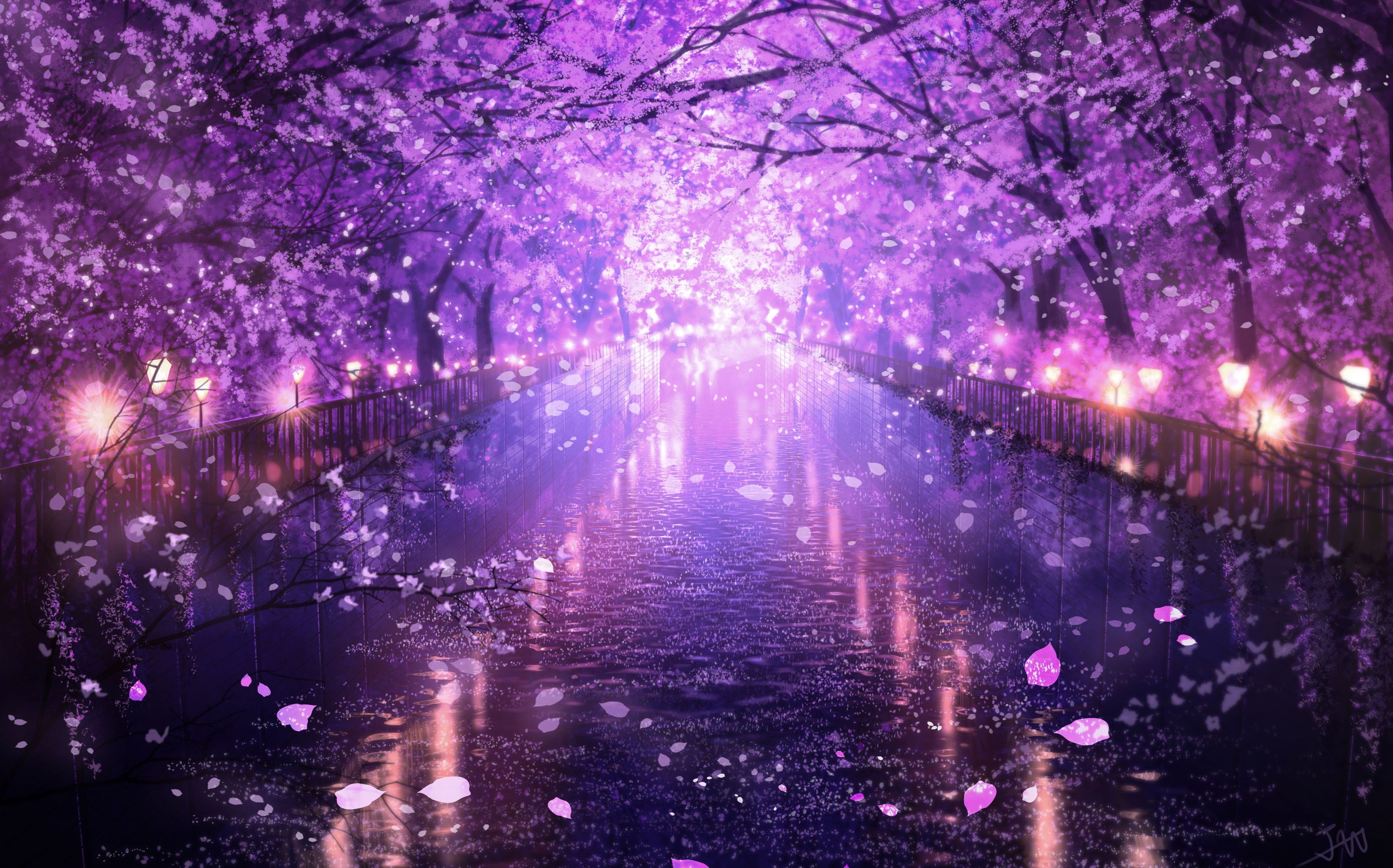 3449x2150 Desktop wallpaper: Sakura, Anime, Landscape, Blossom, Canal, Water 4K free download for PC. 1021321