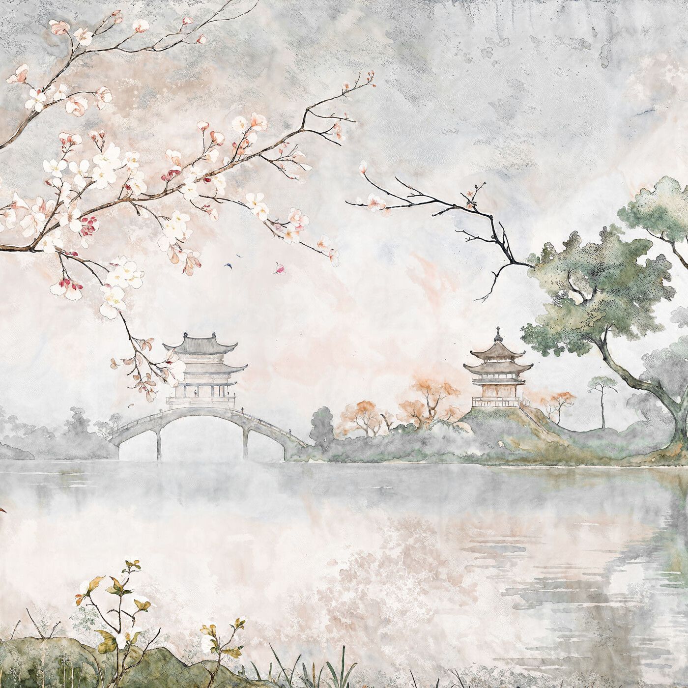 1400x1400 Japanese Landscape Sakura Lake Wallpaper Mural