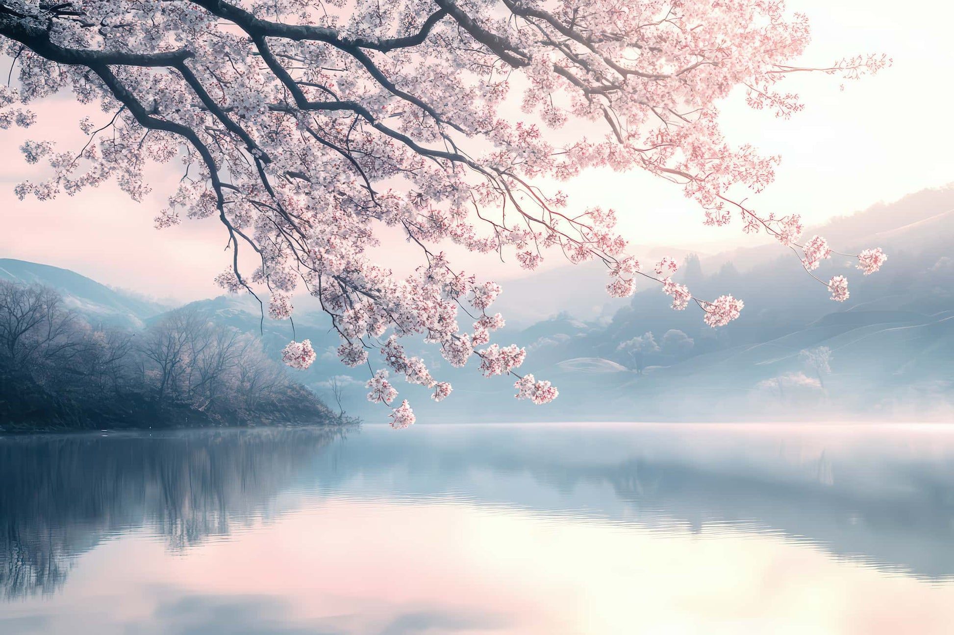 1946x1297 Lake And Sakura Tree Wallpaper, Minimalist Landscape Wall Mural YD 05093