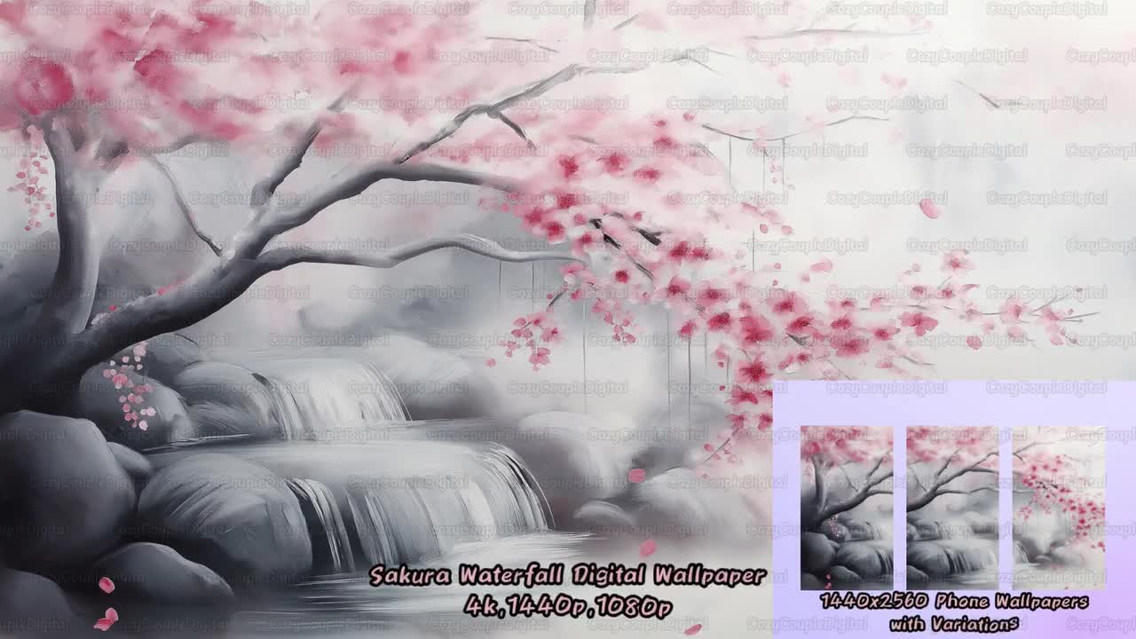 1280x720 Sakura Waterfall Digital Wallpaper (4K, 1440p, 1080p), 1440p Phone Wallpaper, Oil Painting Style, Tree, Sakura, Cherry Blossom, Japanese