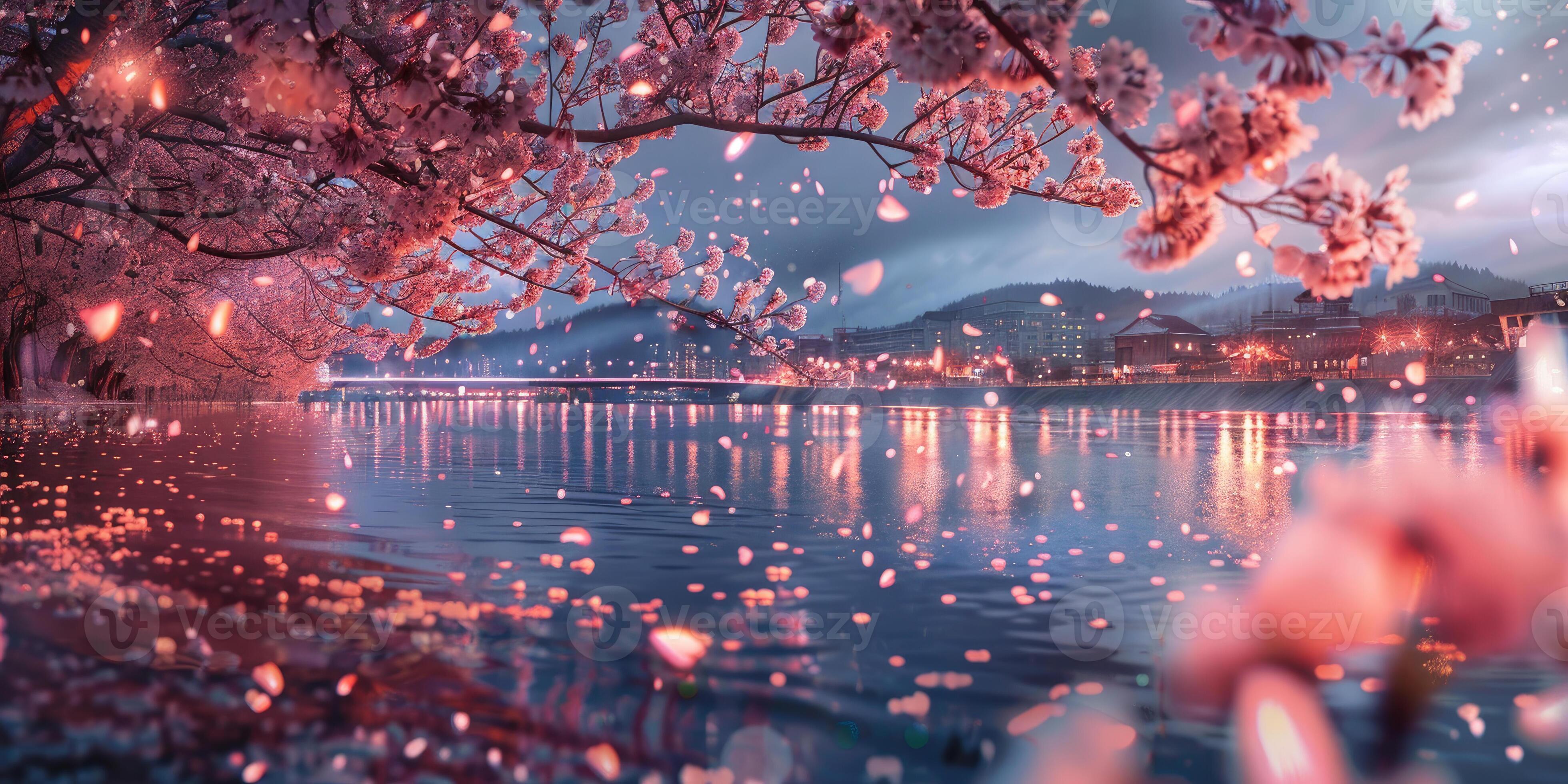 3920x1960 Sakura blossoms with falling petals over lake at dusk. The lights of city are reflected in water. Spring pictureque landscape with pink petals in air and on surface of water. Ai generation