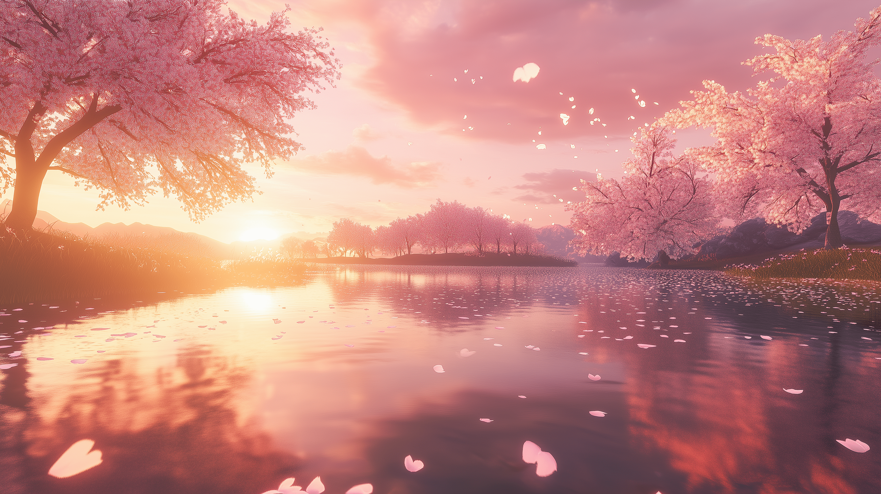2912x1632 Serene Sakura Reflection: HD Wallpaper of Cherry Blossom Landscape
