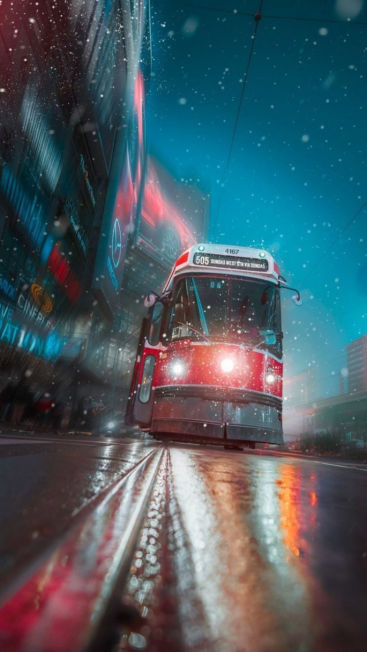 720x1280 Toronto, Tram, vehicle, city, night, lights, art, 720x1280 wallpaper