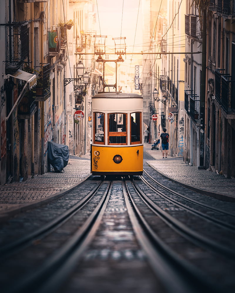 800x1000 Tram, rails, street, city, buildings, HD phone wallpaper