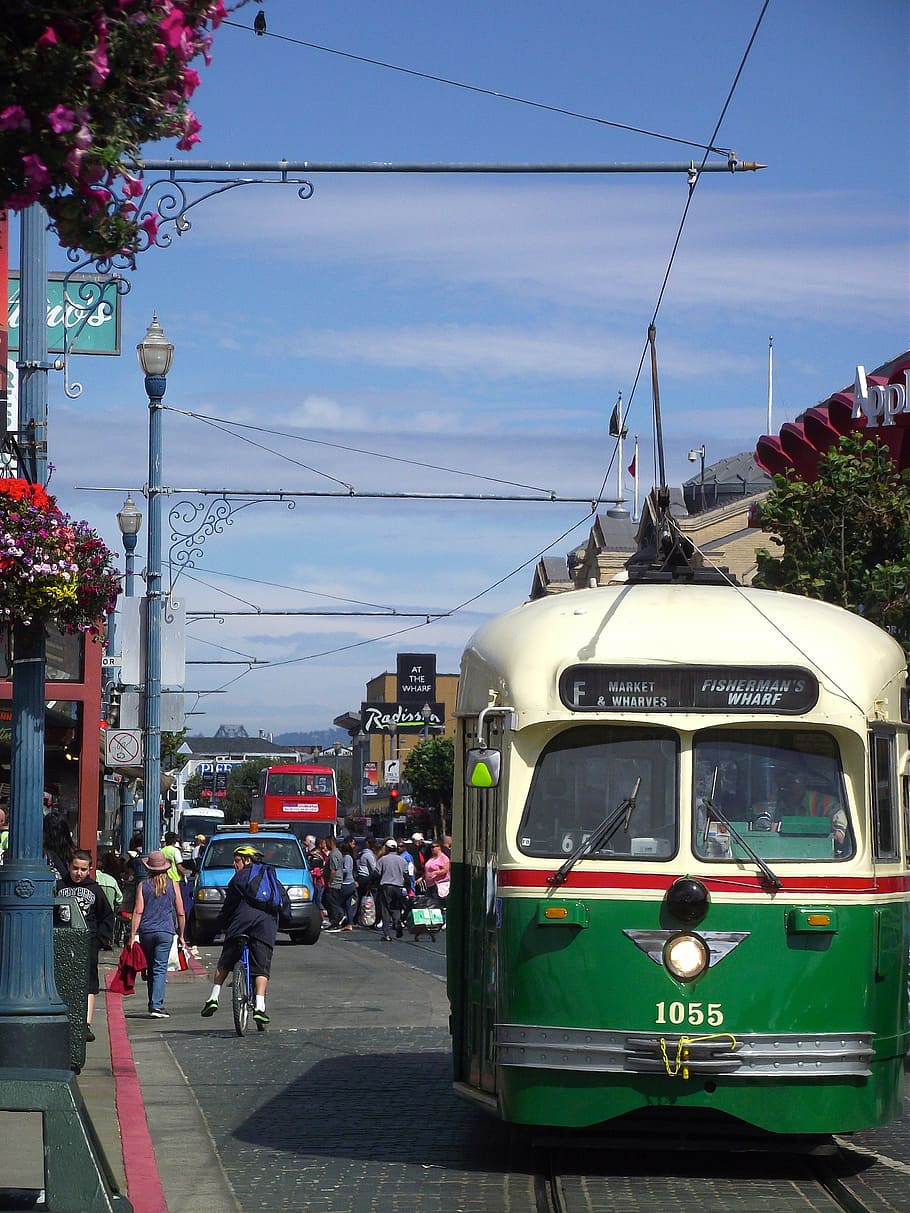 910x1213 HD wallpaper: white and green tram on road, san francisco, travel, tourism