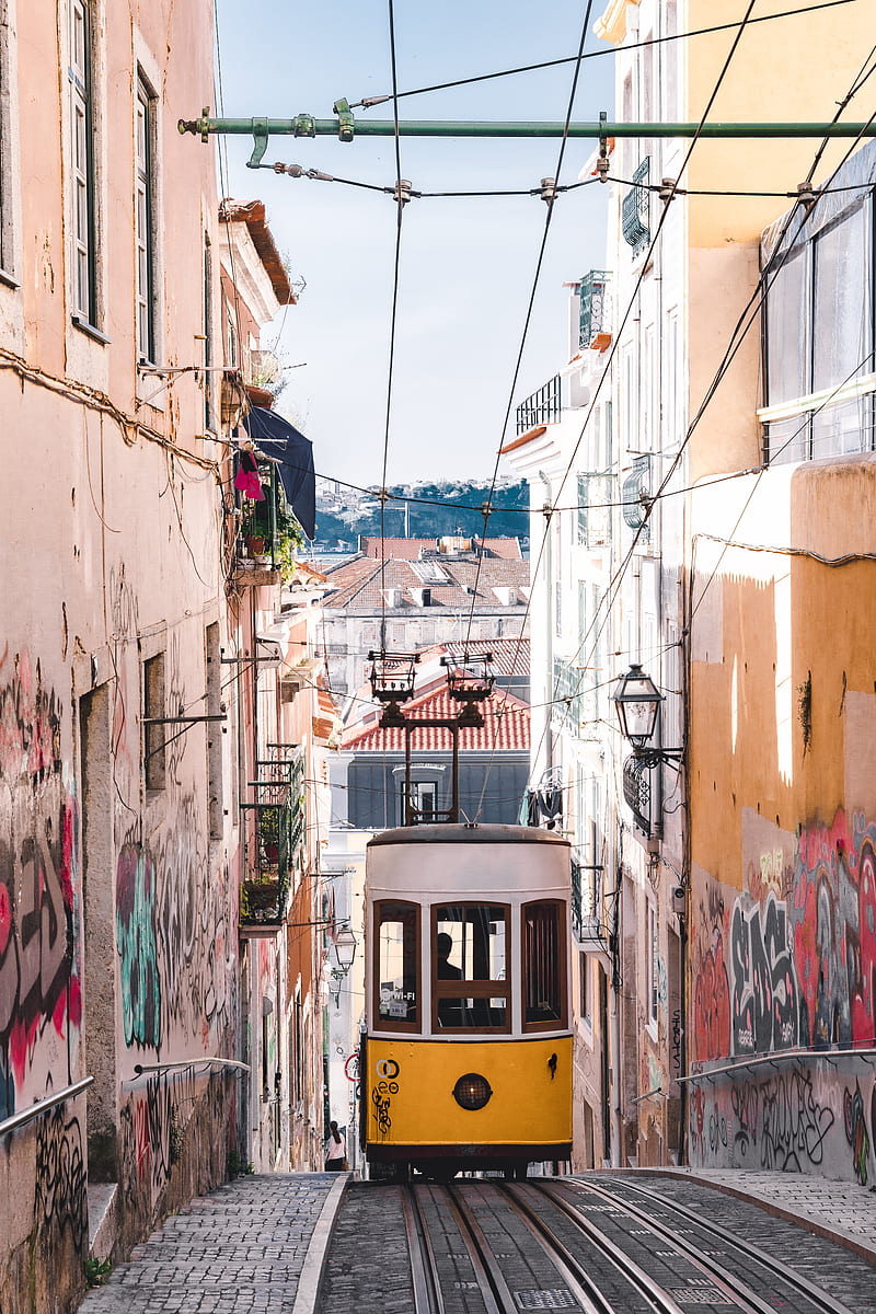 800x1200 Tram, yellow, city, street, buildings, HD phone wallpaper