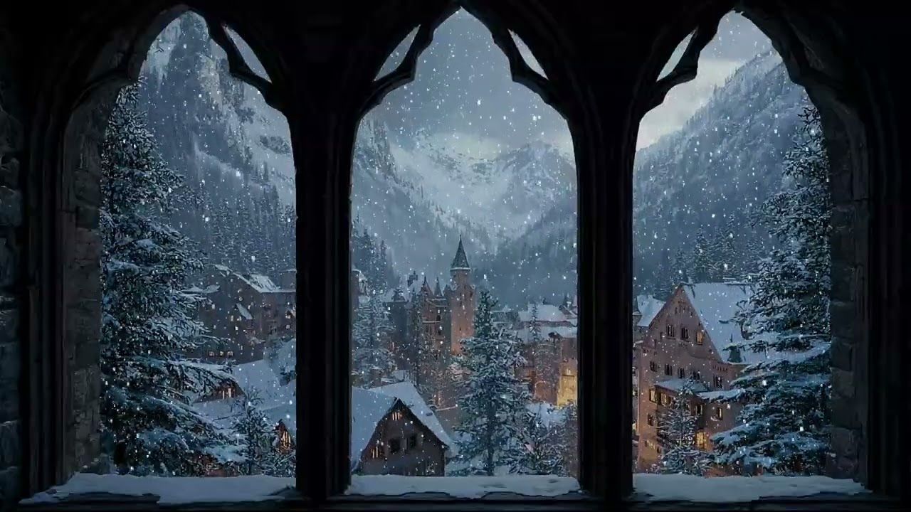 1280x720 4K Magical Castle Winter Window ❄️ Snowfall & Cold Wind Ambience for Deep Sleep