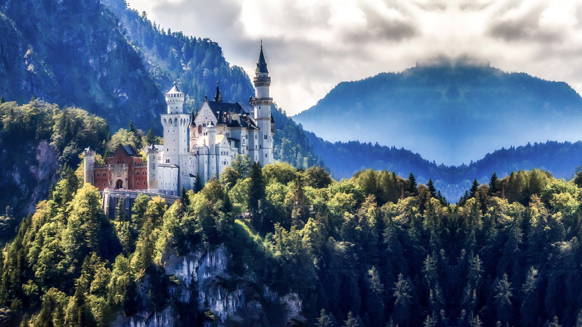 1920x1080 Ancient castle Neuschwanstein hall exterior with mountain background, Bavaria, Germany. Windows Spotlight Image