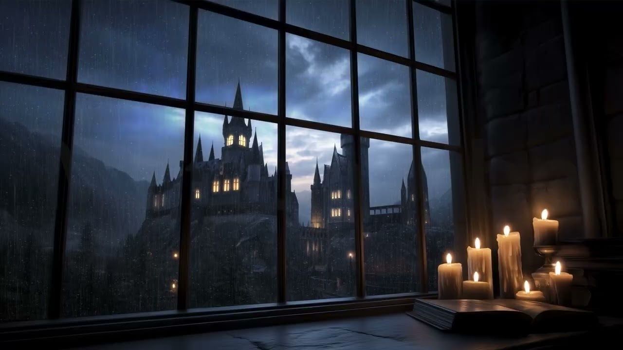 1280x720 Medieval Night Ambience. Animated Gothic Castle Window Background