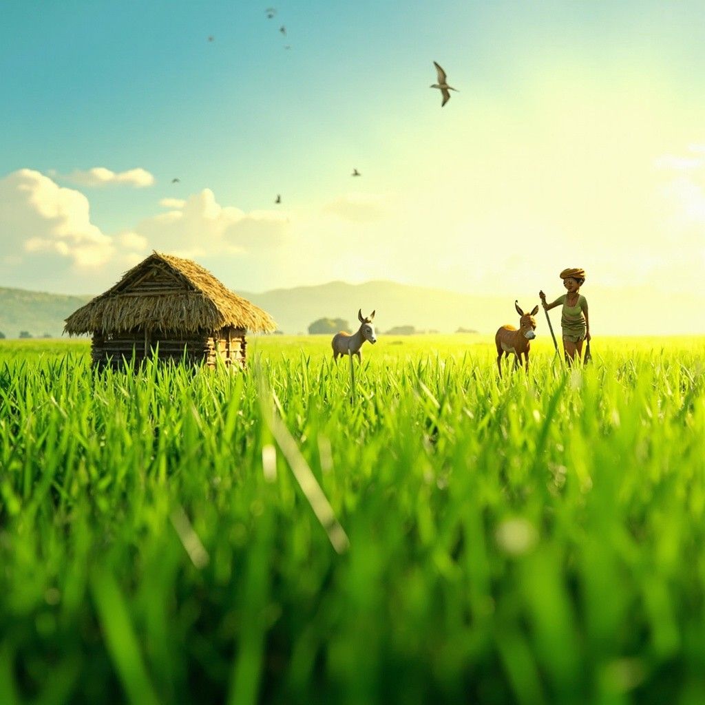1024x1024 3D Indian Village Morning Animation with Green Fields and Mud House