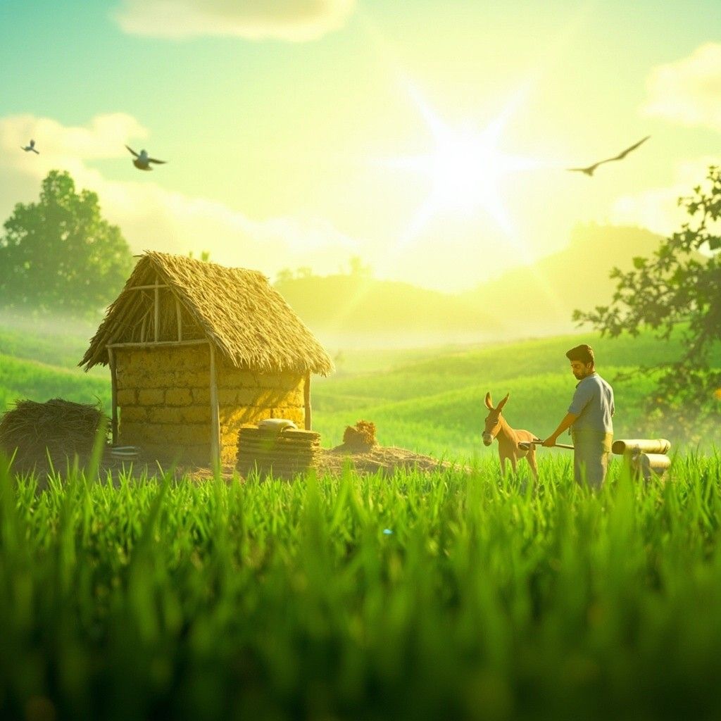 1024x1024 3D Indian Village Morning Animation with Green Fields and Mud House