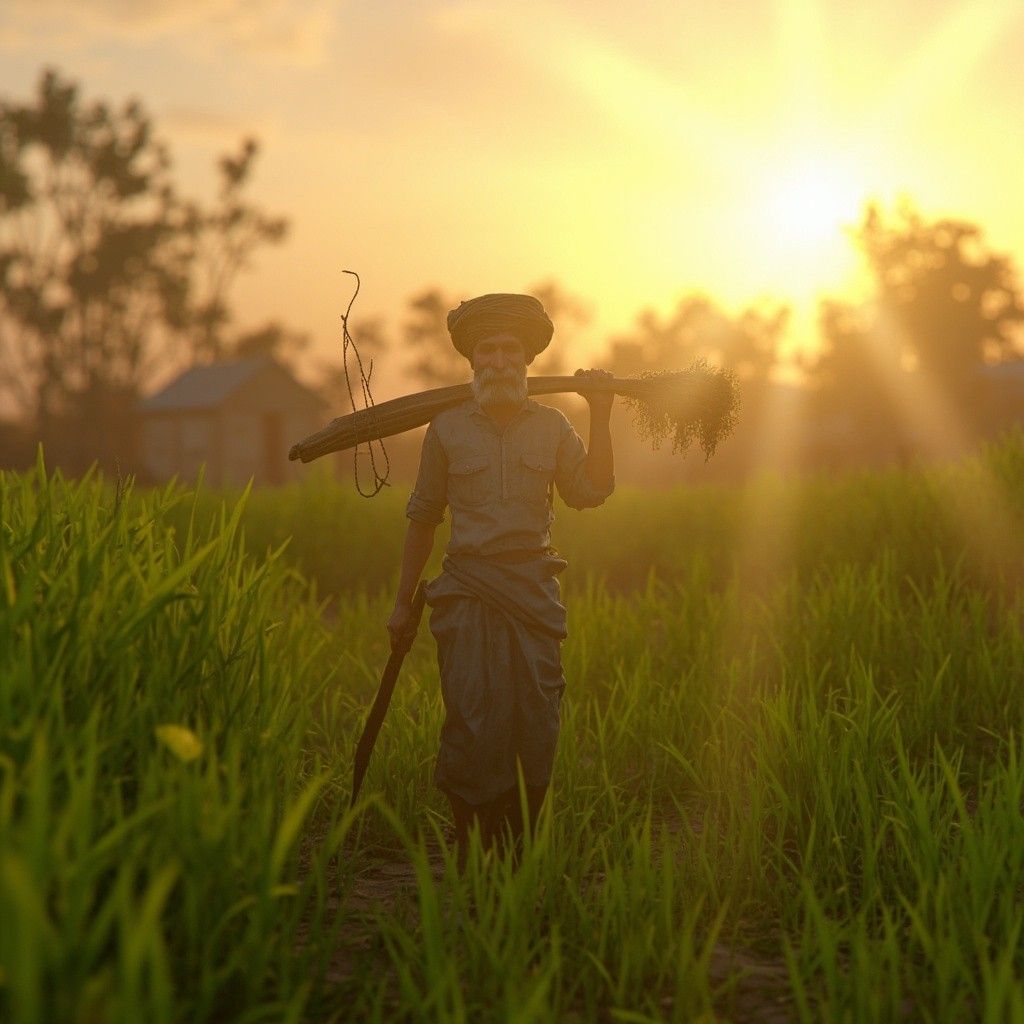 1024x1024 3D Rural Indian Village at Sunrise with Farmer and Green Fields