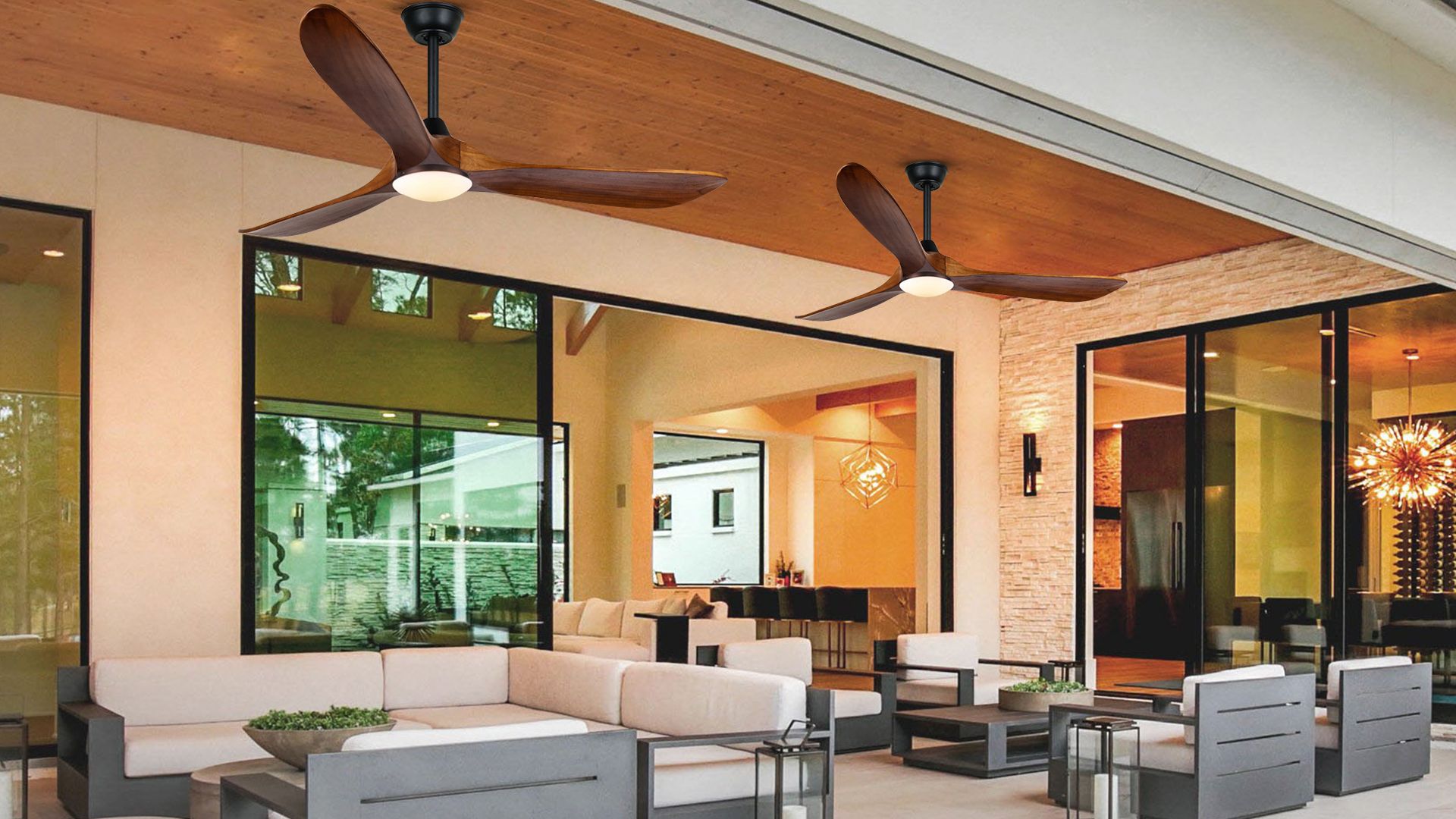 1920x1080 Inch Farmhouse Ceiling Fans With Lights, 3 Walnut Color Wood Blade Fan. Ultra Quiet DC Motor, ETL Listed, Modern Rustic Style For High Ceiling Living Rooms, Garage, Commercial, Propeller Design