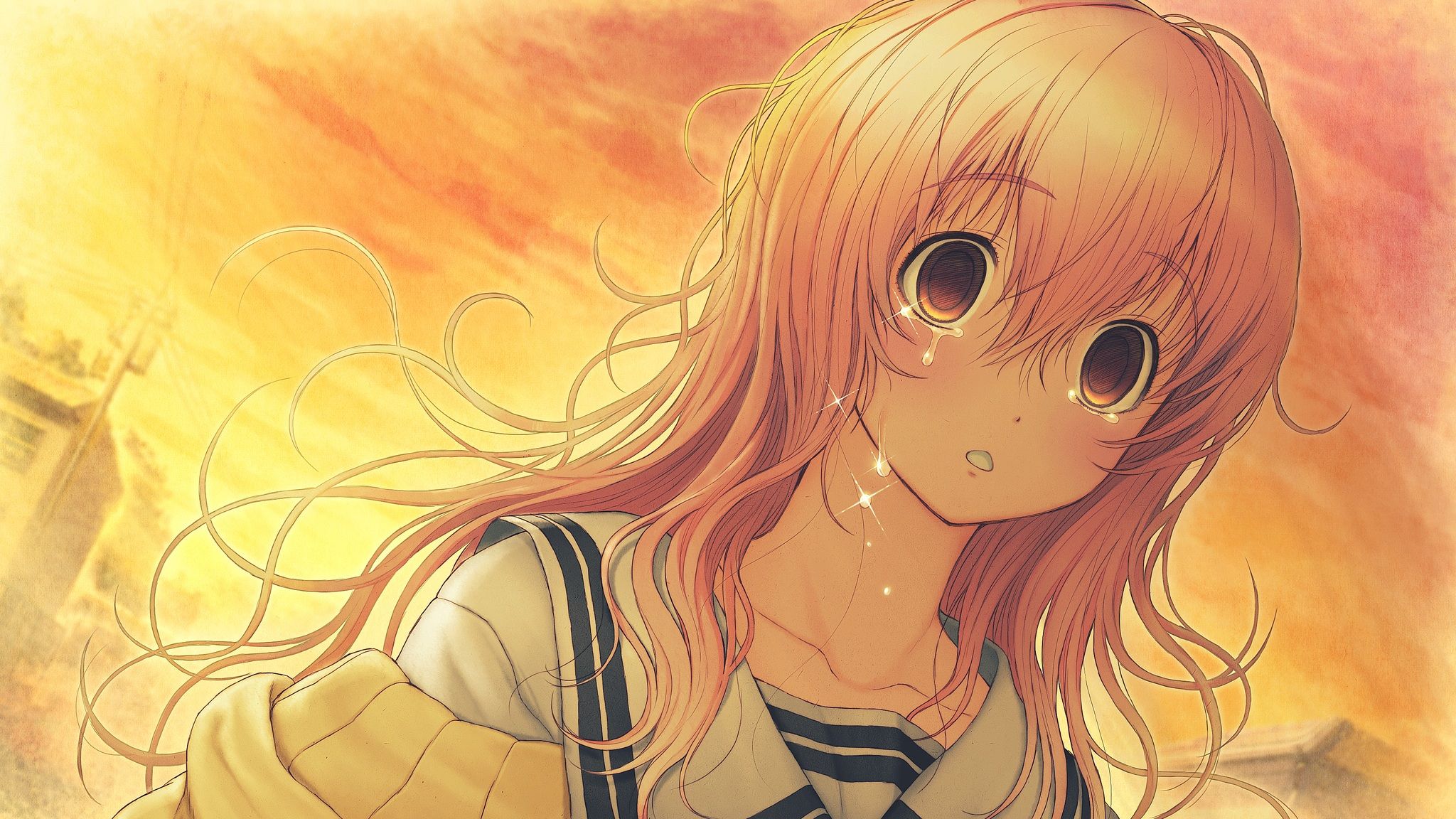 2048x1152 kimi to kanojo to kanojo no koi. mukou aoi tsuji santa nitroplus close game cg brown eyes crying long hair pink hair school uniform sunset tears