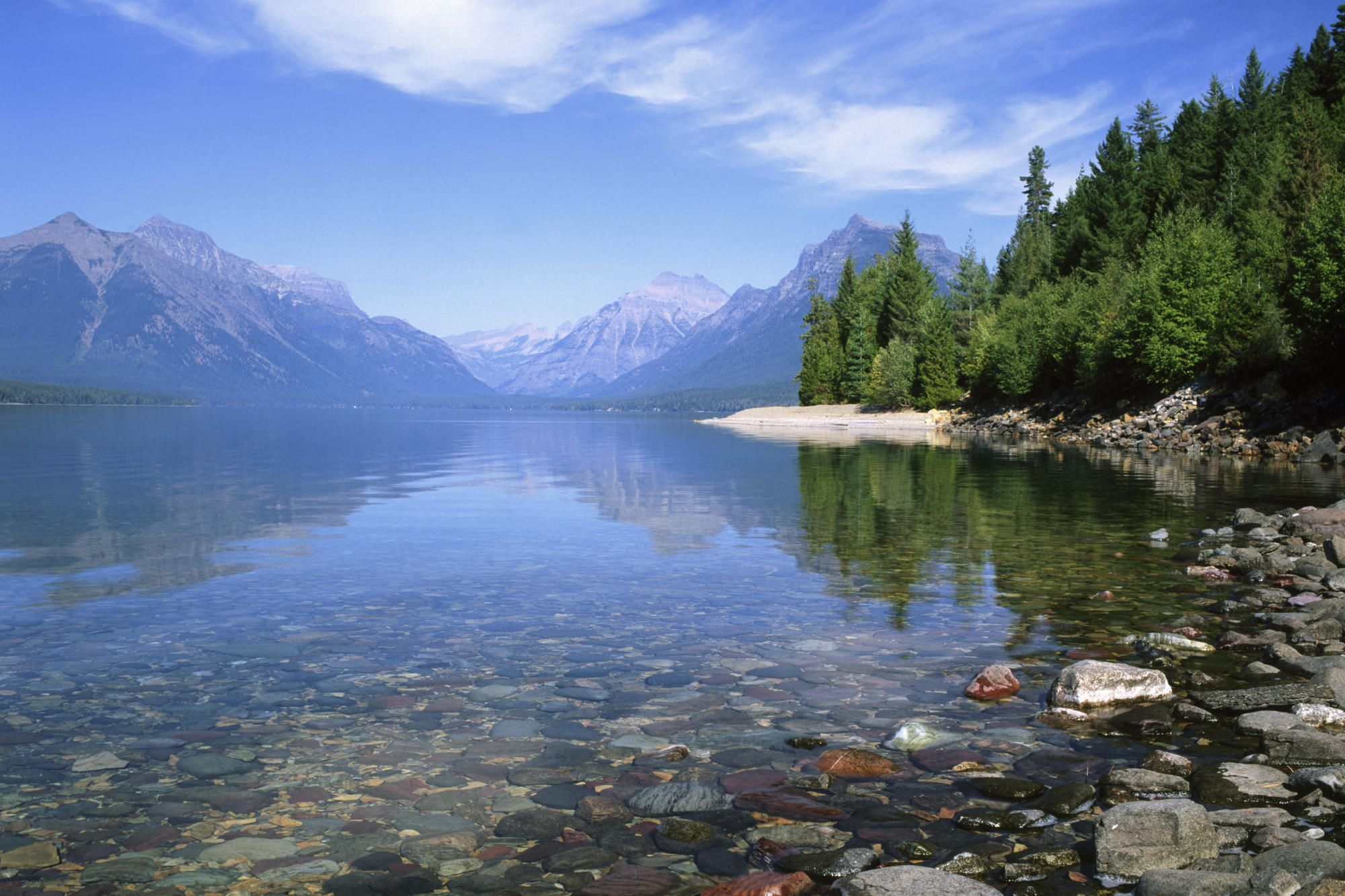 2000x1333 Desktop wallpaper: Montana, Water, Earth, Lake Mcdonald, Forest, Lake, Landscape, Mountain, Nature, Stone, United States 4K free download for PC. 887893