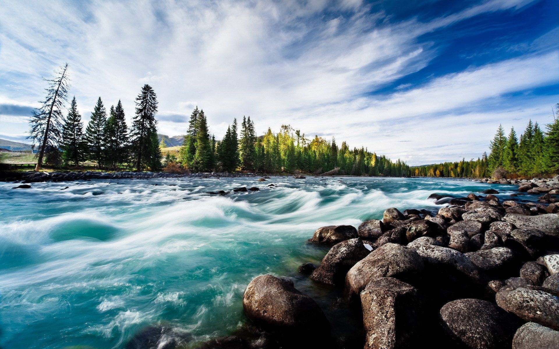 1920x1200 river, Clean, Water, Round, Stones, Blue, Sky, Fan, Of, Clouds, Trees, Pine Wallpaper HD / Desktop and Mobile Background
