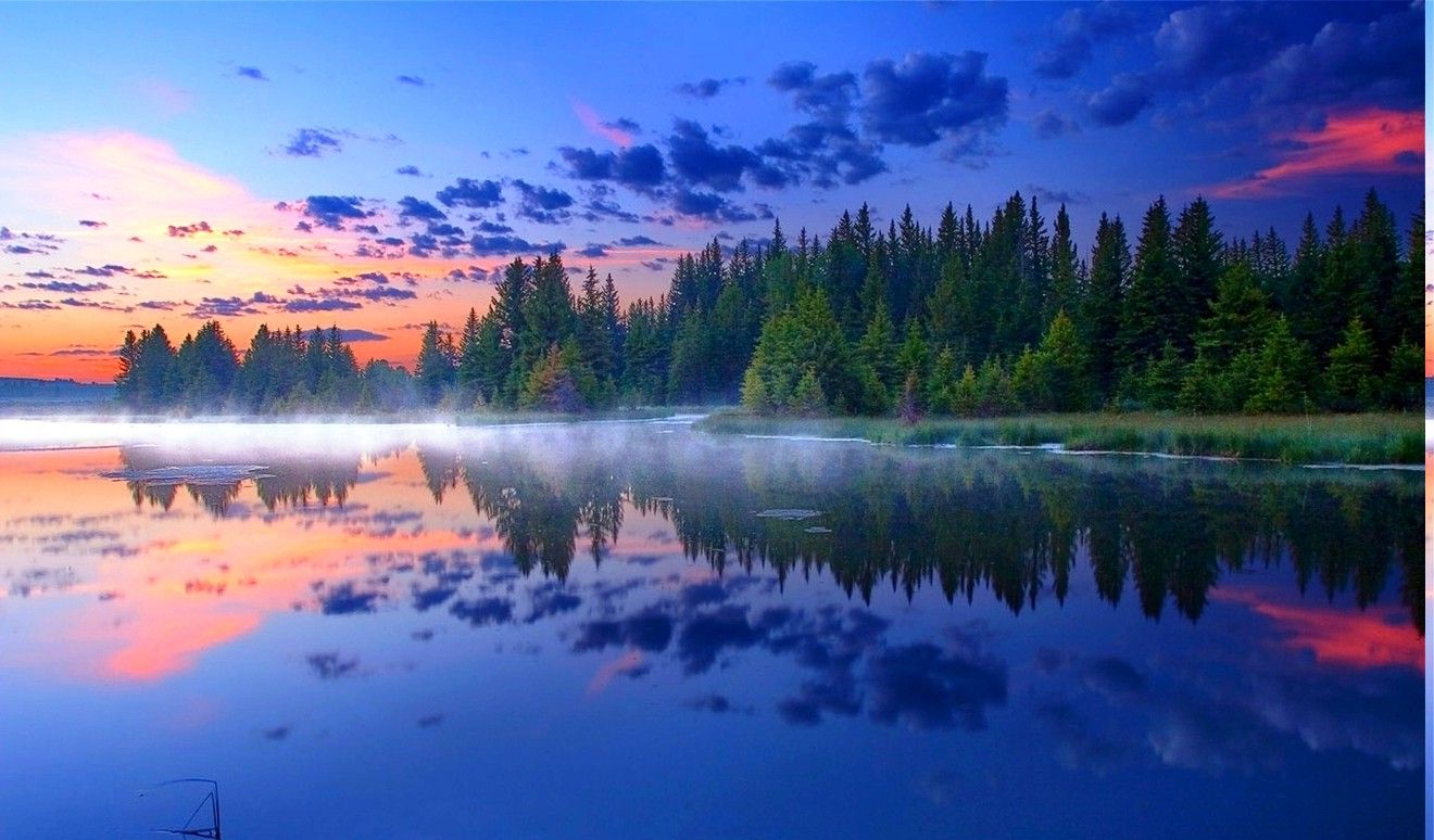 1320x774 morning, Sunrise, Mist, Grand Teton National Park, Forest, Reflection, Lake, Grass, Nature, Landscape Wallpaper HD / Desktop and Mobile Background