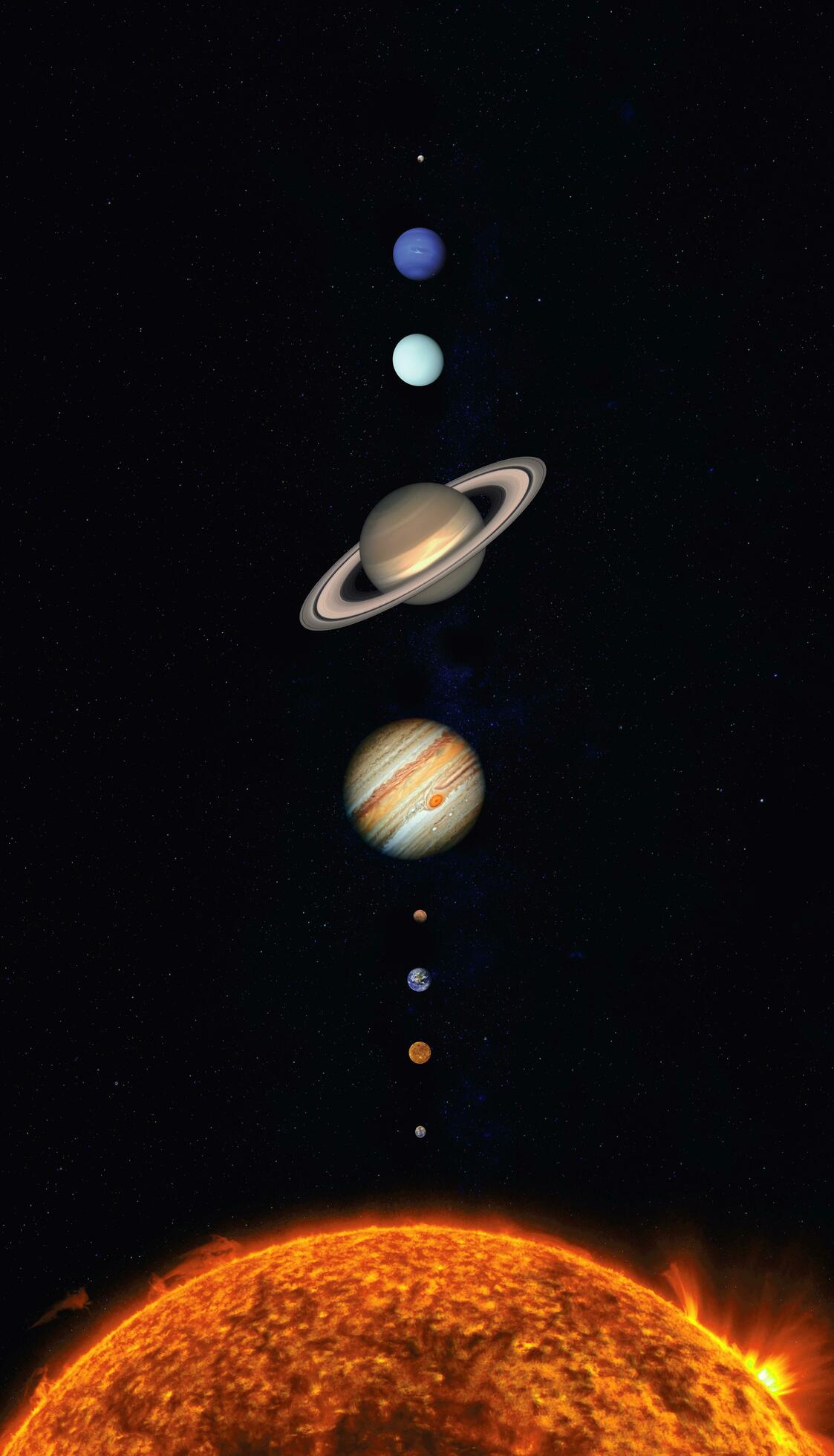 1123x1960 Solar system scale. Sun Mercury Venus Moon Earth Mars Jupiter Saturn Uranus Neptune Pluto. Elements of this image furnished