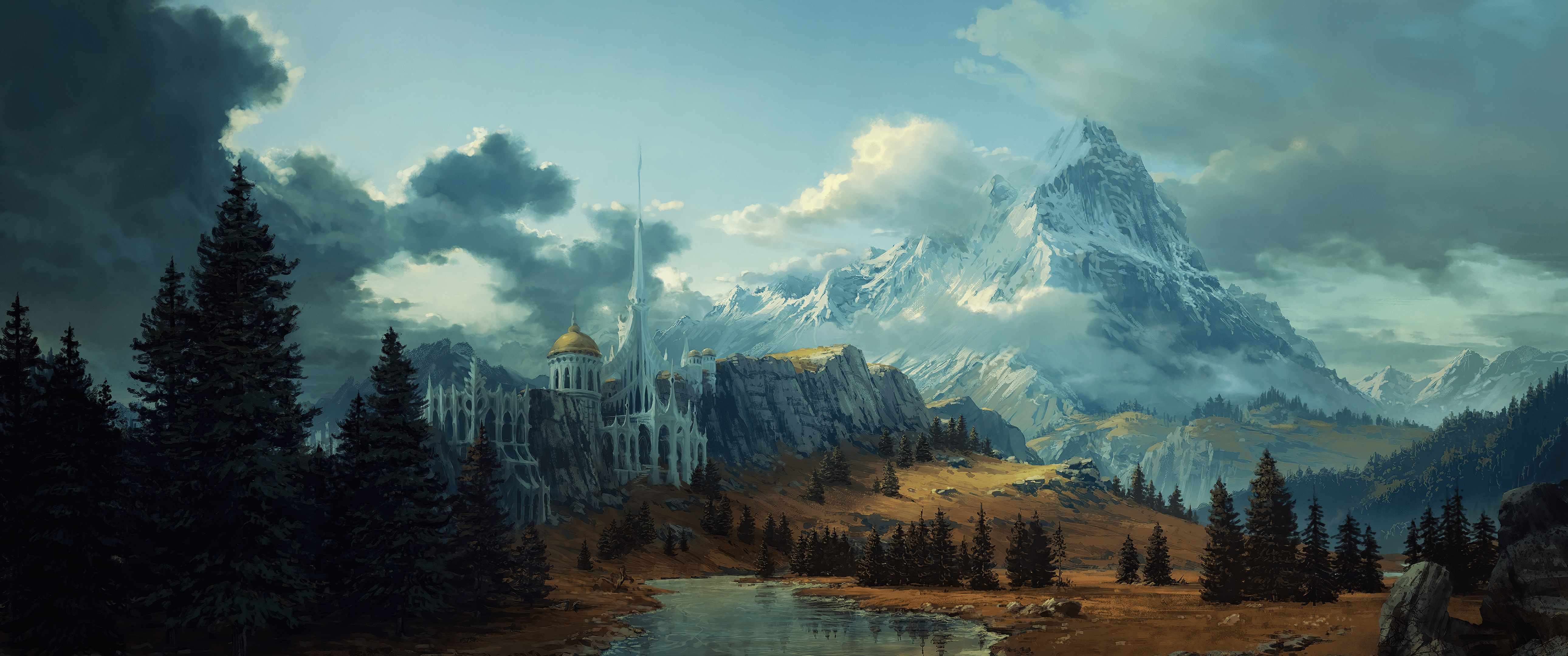 5160x2160 Majestic Fantasy Castle in 4K Ultra HD Mountainscape Wallpaperx2160