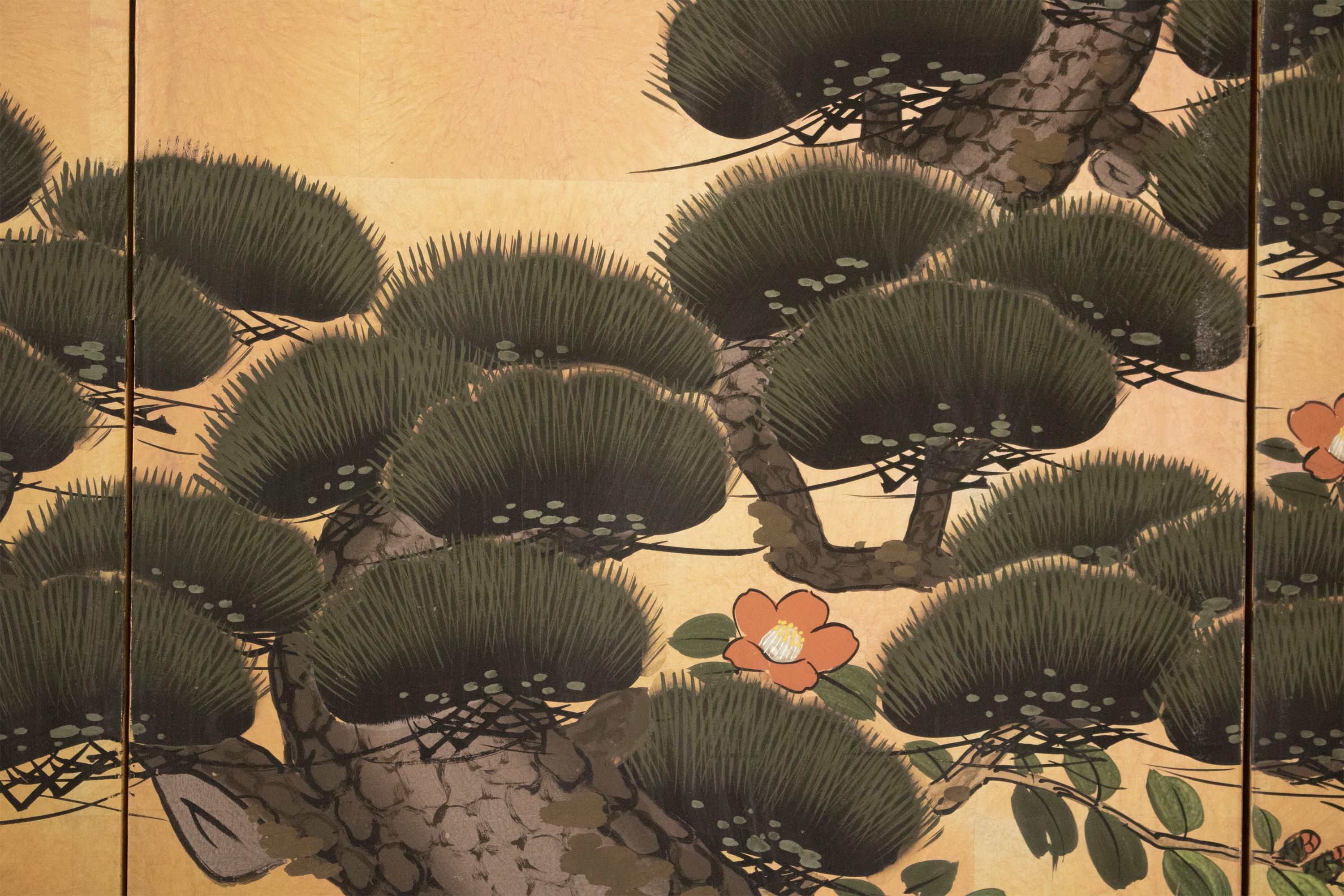 3000x2000 Big Pine Tree and Egrets, Showa Era Japanese Byobu Screen
