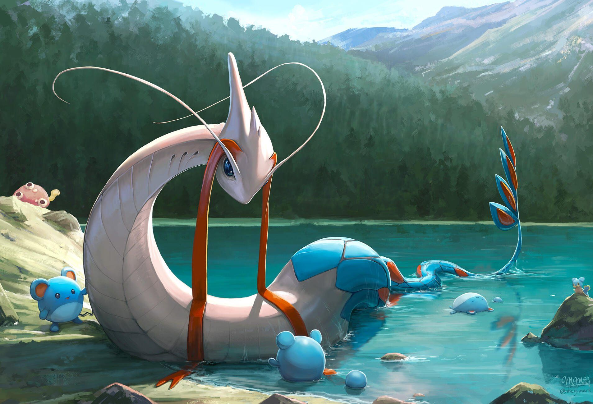 1908x1300 Milotic's Lakeside: Marill & Shuckle
