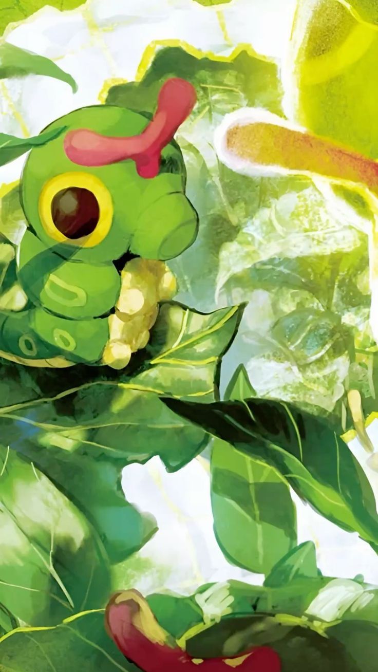 736x1308 Cute Caterpie On A Leaf Pokémon Wallpaper