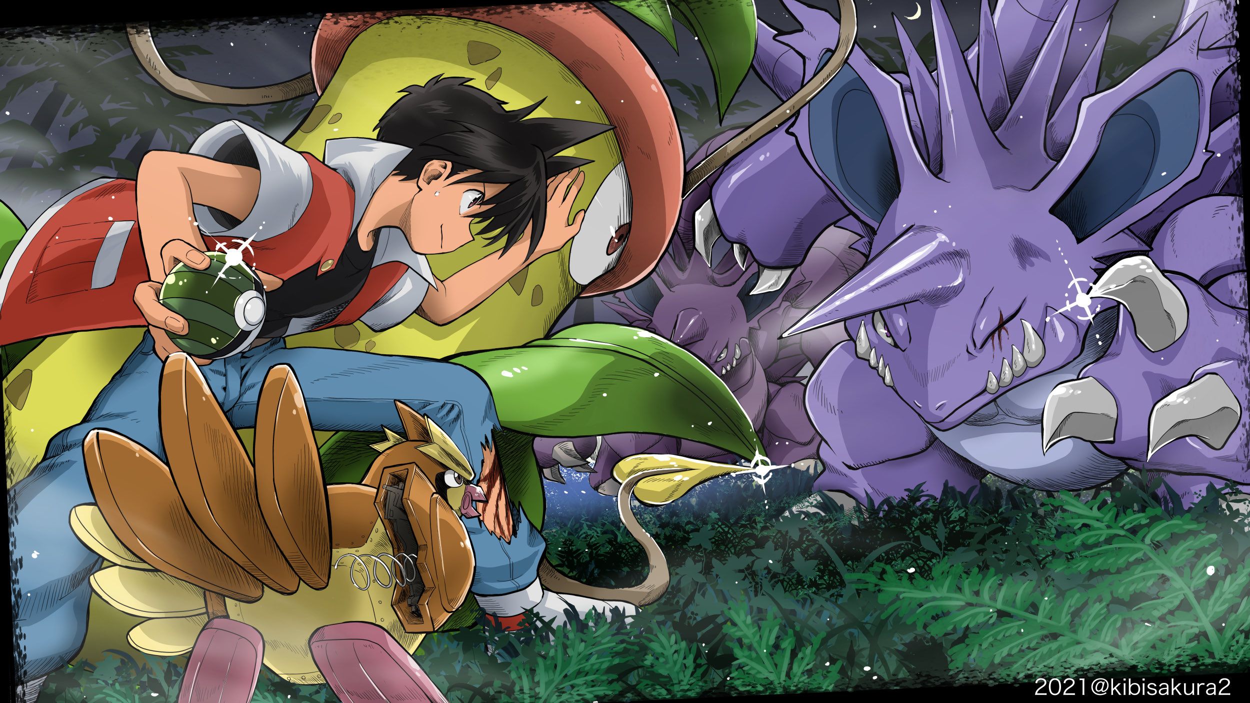 2500x1405 Pokéball Showdown: Red vs Nidoking, Victreebel & Pidgey by きびだんご桜味x1405