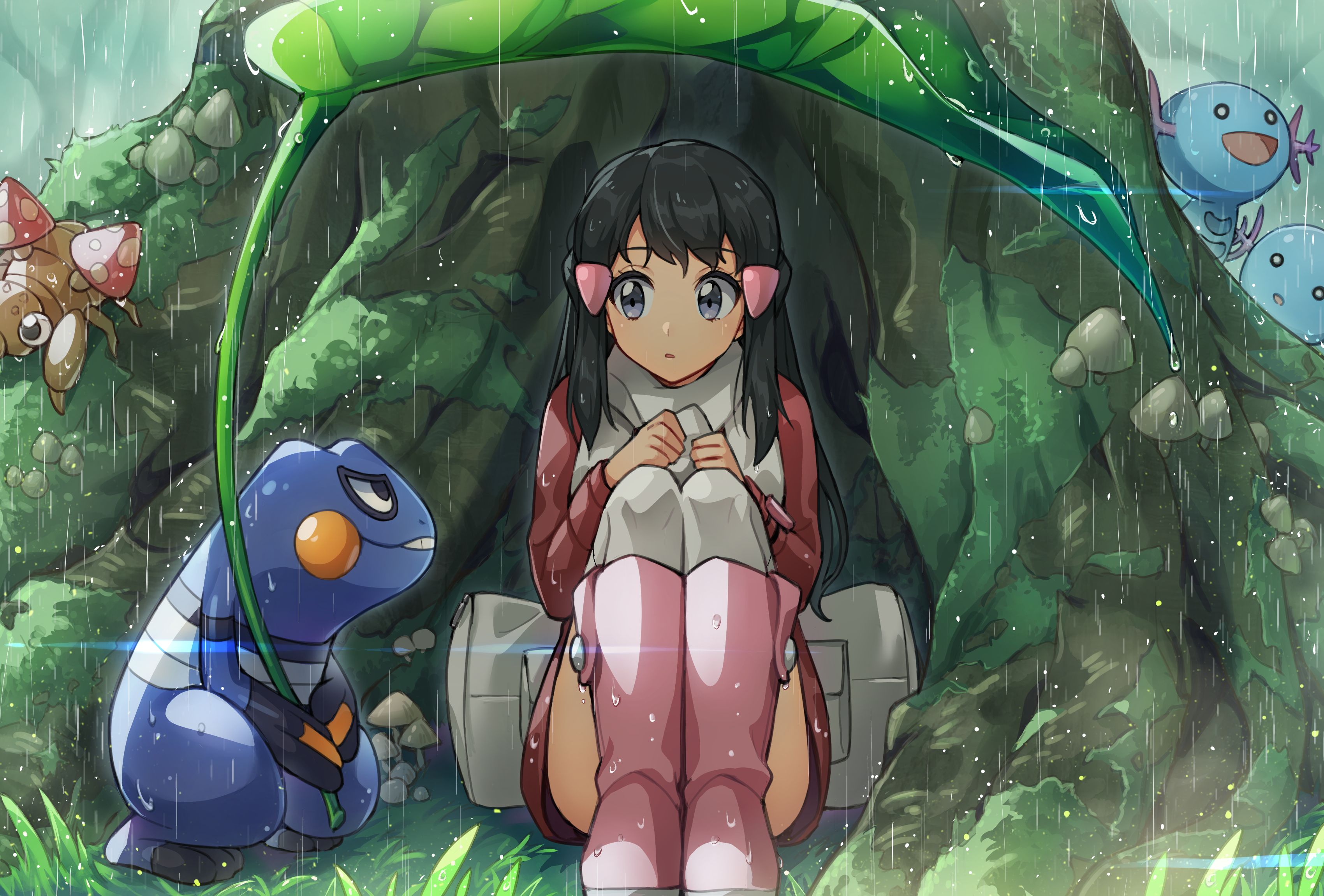3400x2300 Dawn & Pokémon Friends HD Wallpaper: Paras, Wooper, Croagunk Adventure Scene by しゅろx2300