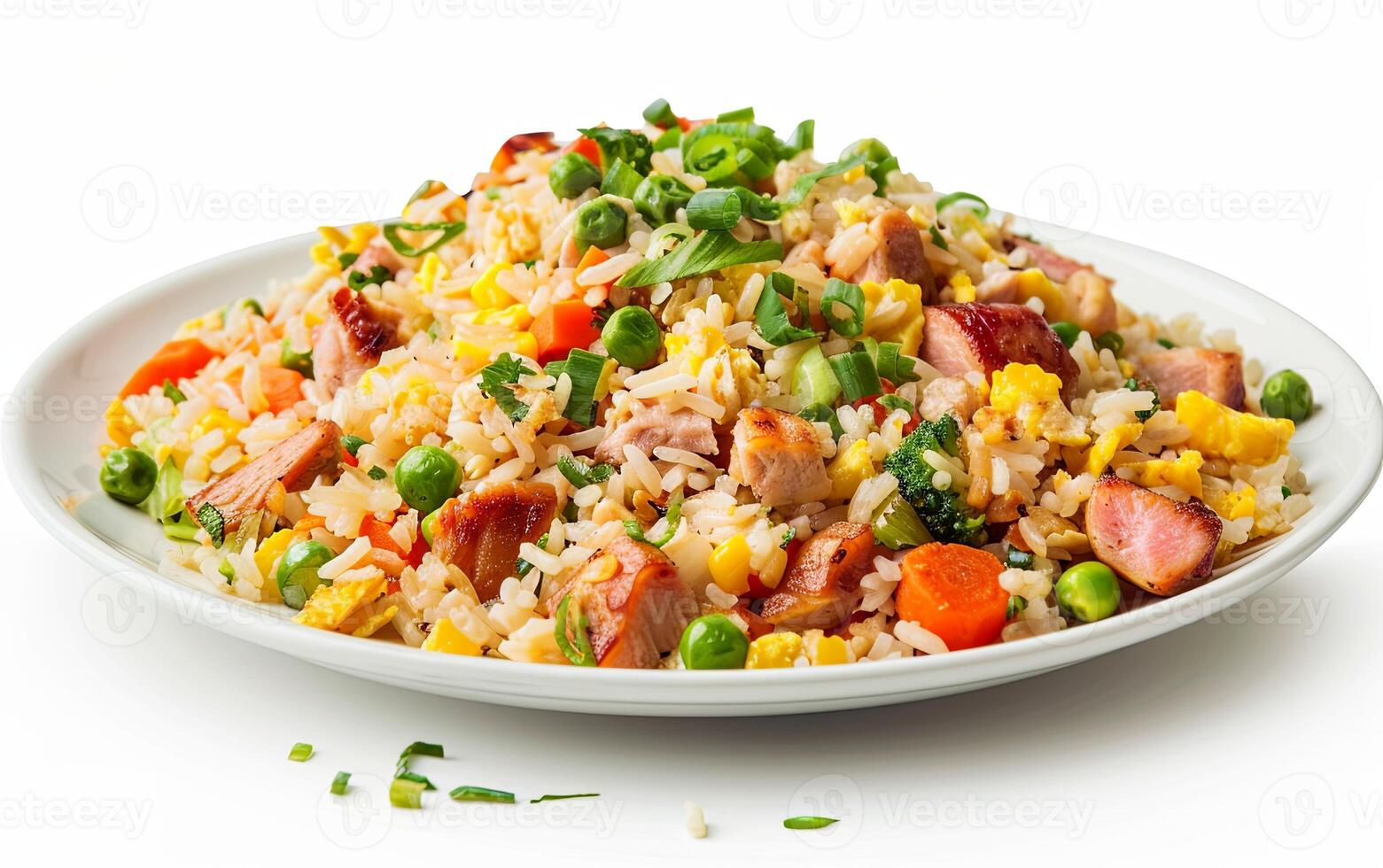 1561x980 A plate of fried rice made from yesterday's leftovers, colorful vegetables, and diced chicken included, a clean white background