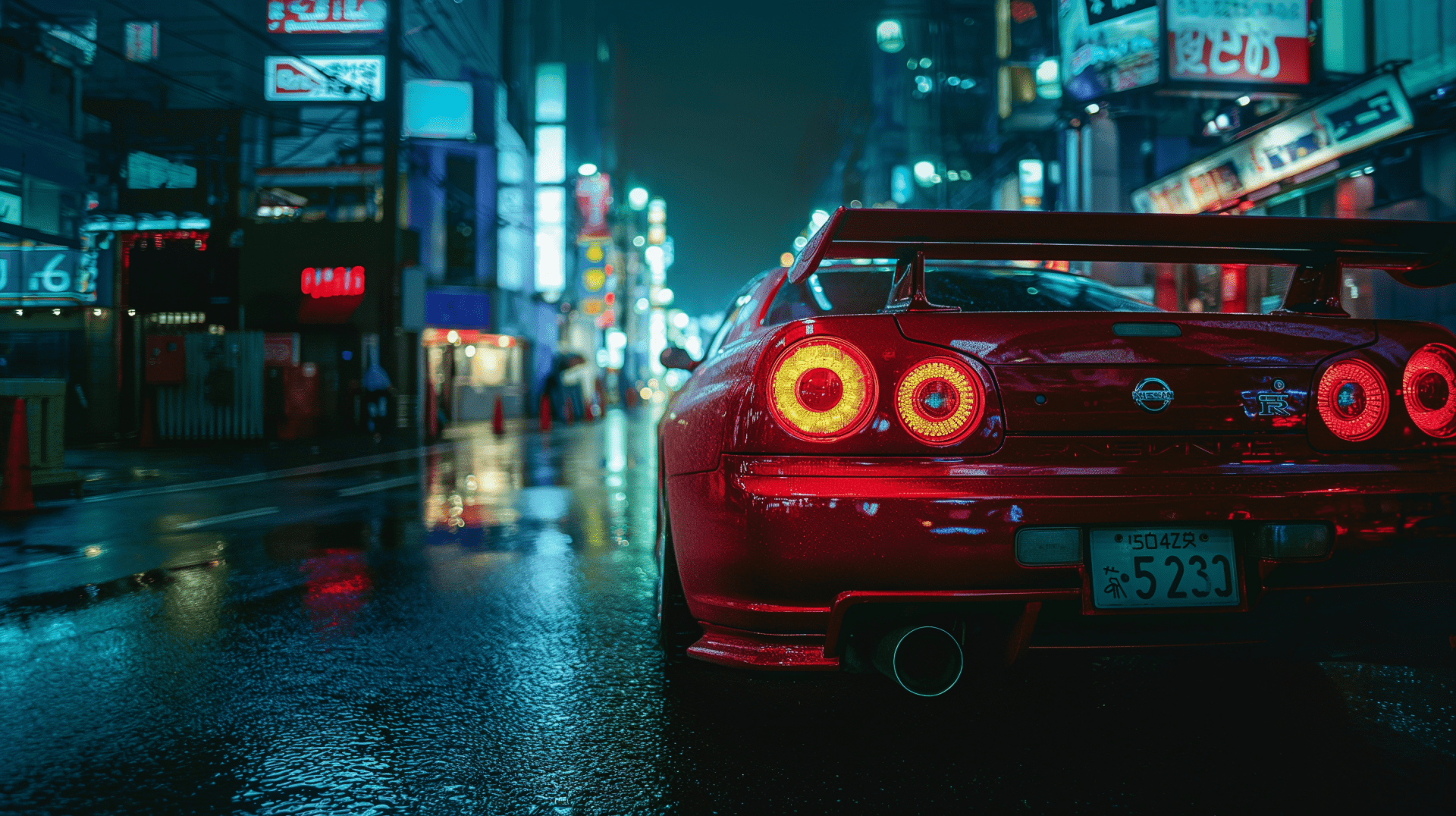 1920x1076 Night Drive: Red Nissan Skyline GT R In The City
