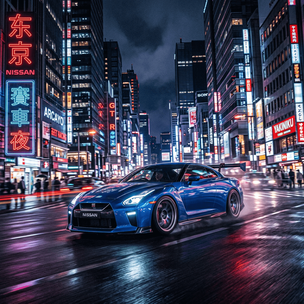 1024x1024 Nissan GTR R35 Night Race In Neon Lit City. Urban Landscape. AI Art Generator. Easy Peasy.AI