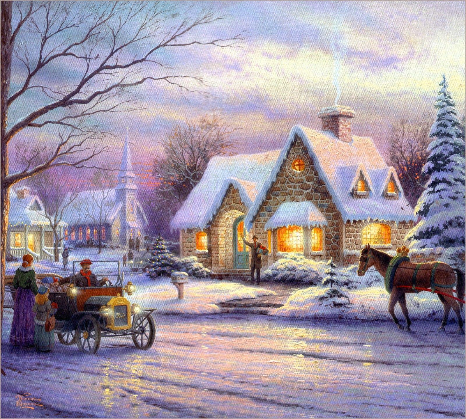 1600x1440 Winter: Thomas Kinkade Memories Christmas Town Tree Street Car Snow