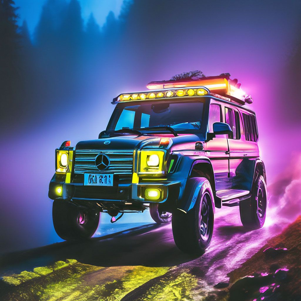 1024x1024 Mercedes Benz, 4x4 gelik, swollen background, bright colors, night, party