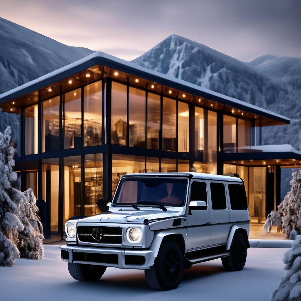 1024x1024 New Year There Is A Beautiful High Tech House, There Is A Mercedes Benz Gelik Car And It Is Snowing And You