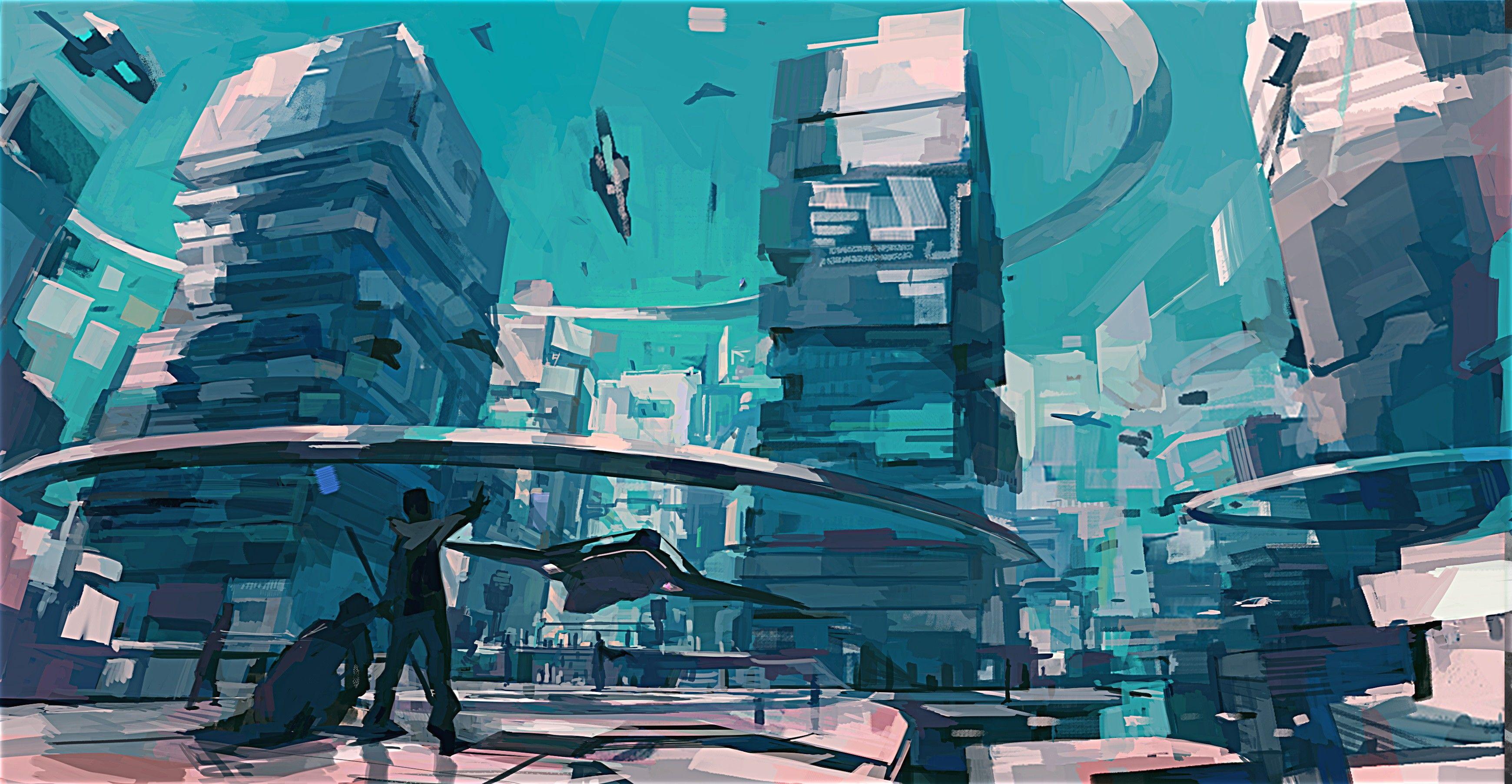 3480x1806 blue, aircraft, cityscapes, futuristic, men, urban, buildings, scenic, futurist, science fiction, vehicles, cities, skies, original characters wallpaper