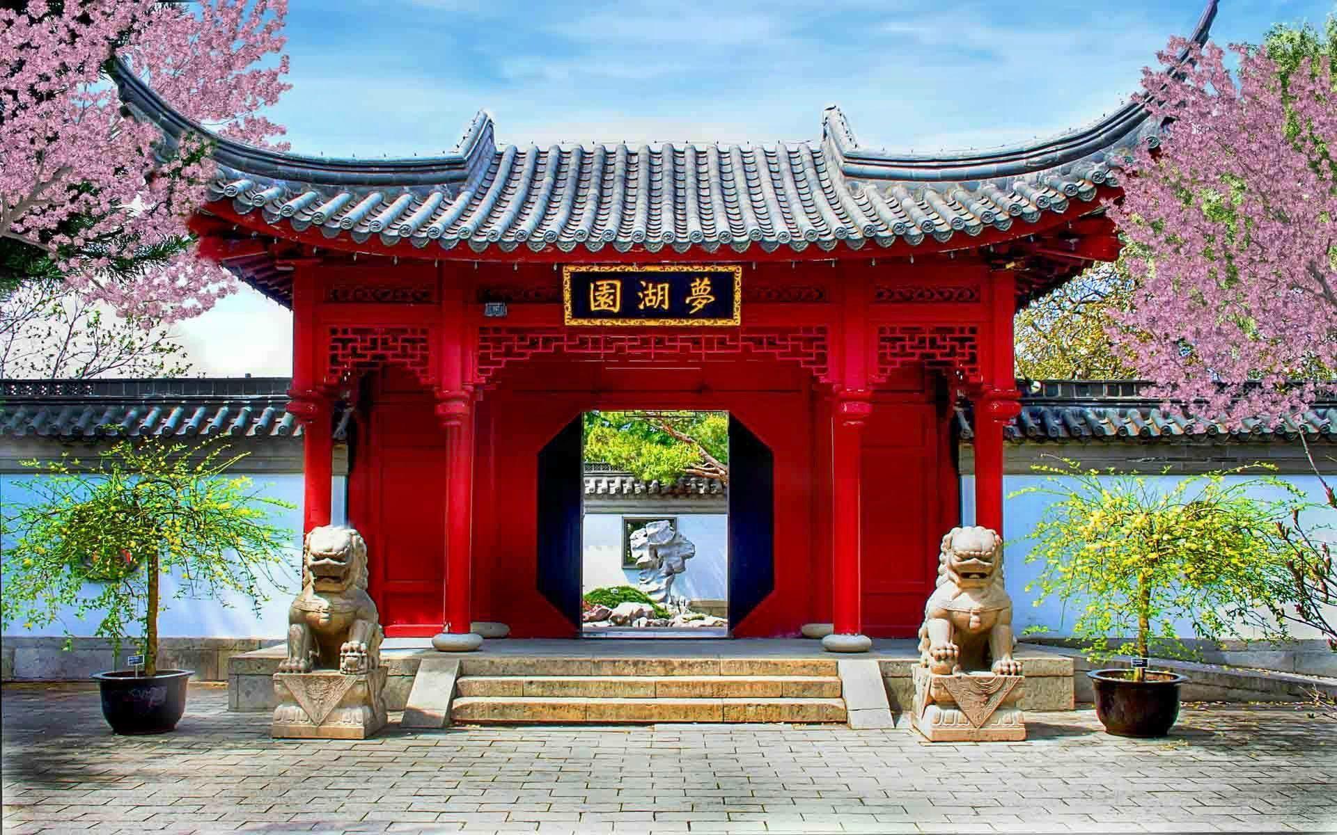 1920x1200 ancient chinese temple garden, Chinese gate, Botanical gardens