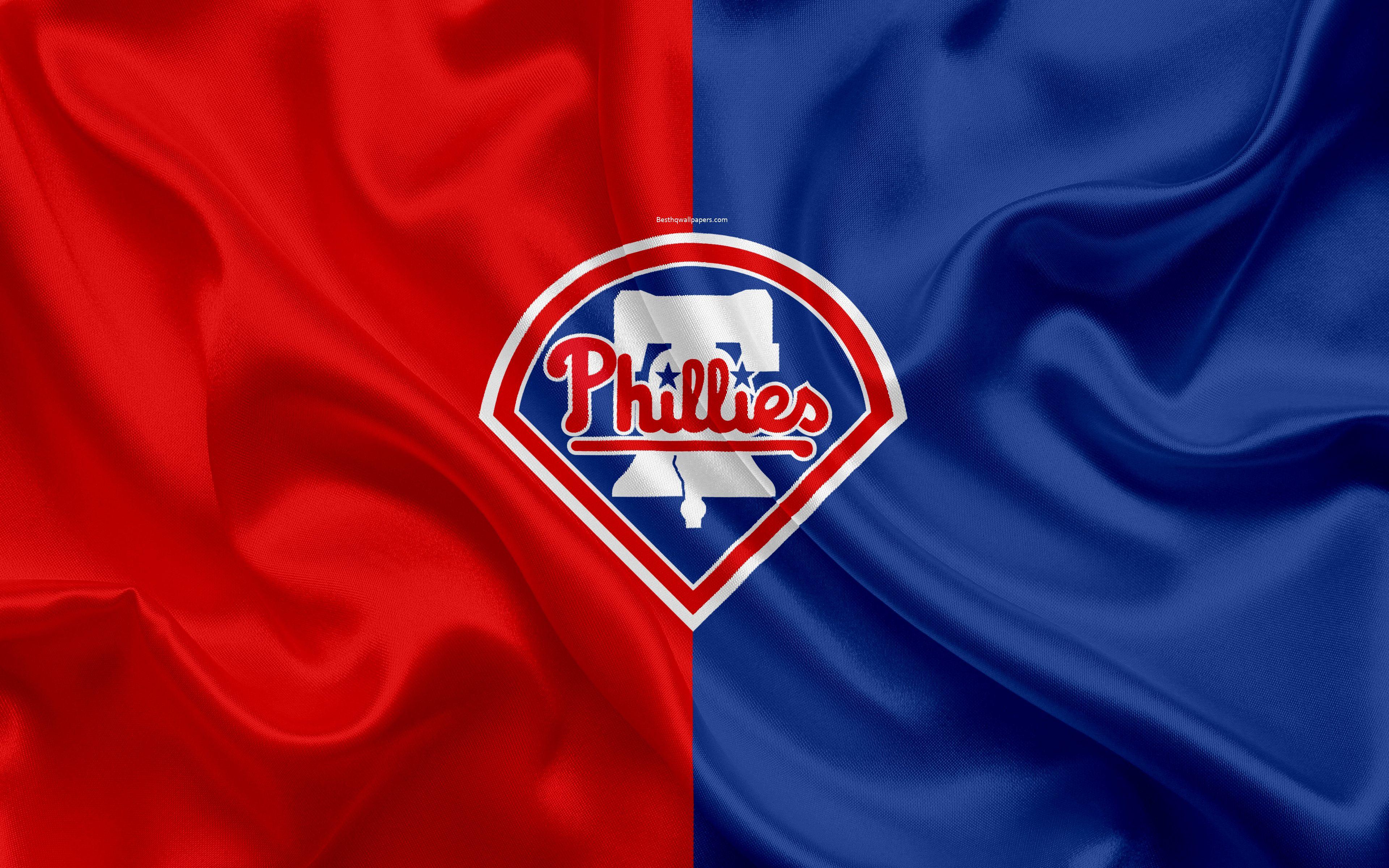 3840x2400 Download wallpaper Philadelphia Phillies, 4k, logo, silk texture, American baseball club, blue red flag, emblem, MLB, Philadelphia, Pennsylvania, USA, Major League Baseball for desktop with resolution 3840x2400. High Quality HD picture wallpaper