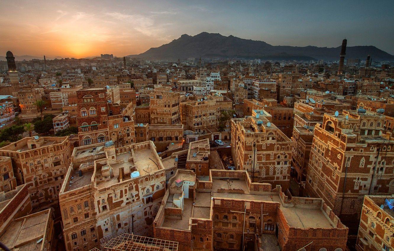 1332x850 Wallpaper the sky, the sun, sunset, mountains, building, home, the view from the top, Yemen, Arabia, Sana, residential neighborhoods image for desktop, section город