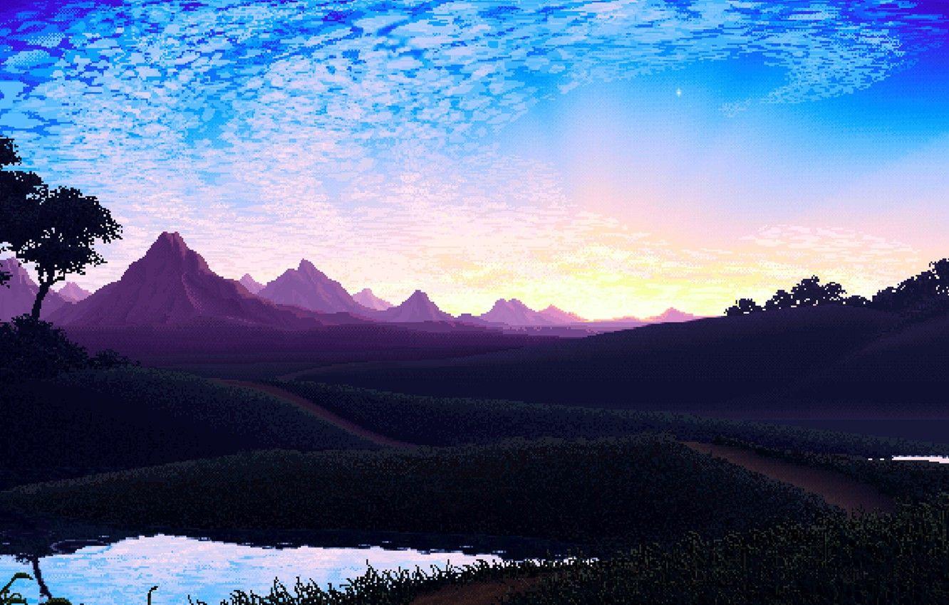 1332x850 Wallpaper Nature, Mountains, Retro, View, Art, Graphics, Pixels, 8bit, PXL, Peisaj image for desktop, section рендеринг