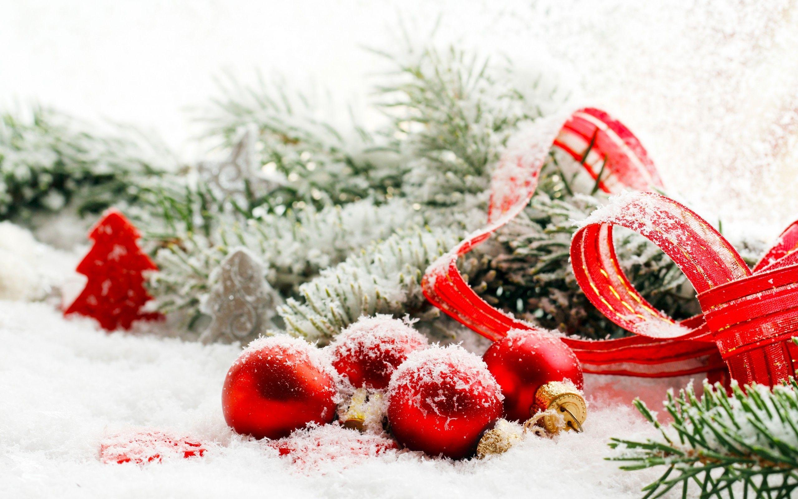 2560x1600 New Year, Snow, Ribbon, Christmas Ornaments, Leaves Wallpaper HD / Desktop and Mobile Background