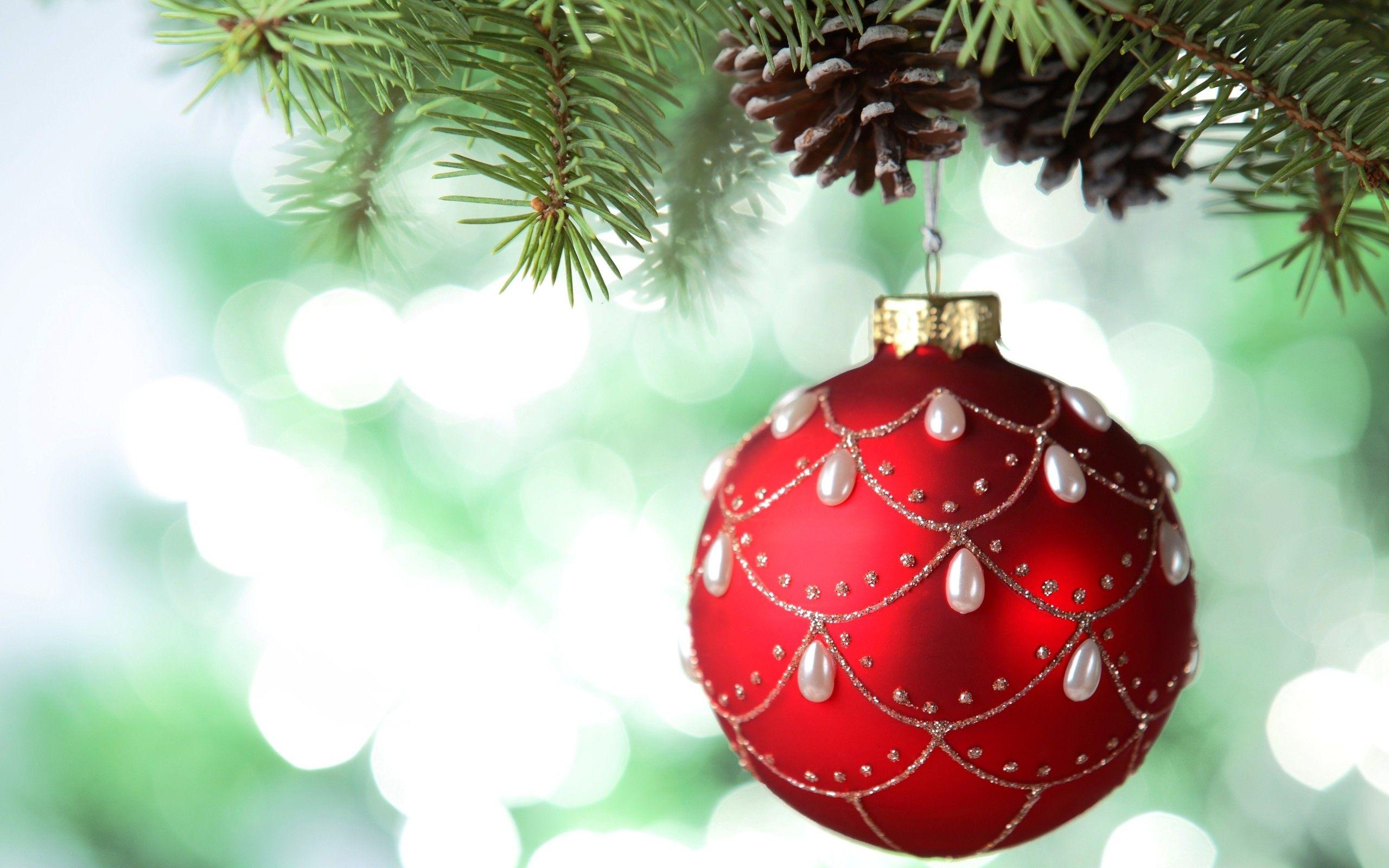 2560x1600 New Year, Snow, Christmas Ornaments, Cones, Bokeh, Leaves Wallpaper HD / Desktop and Mobile Background