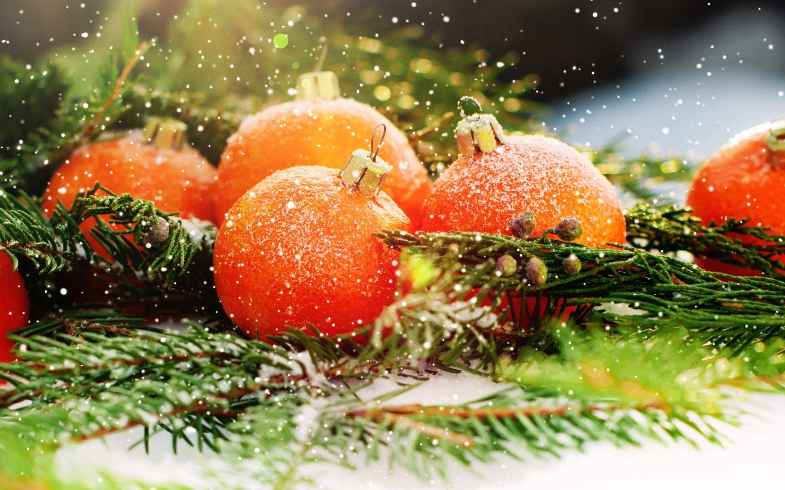 2560x1600 New Year, Snow, Christmas Ornaments, Leaves Wallpaper HD / Desktop and Mobile Background