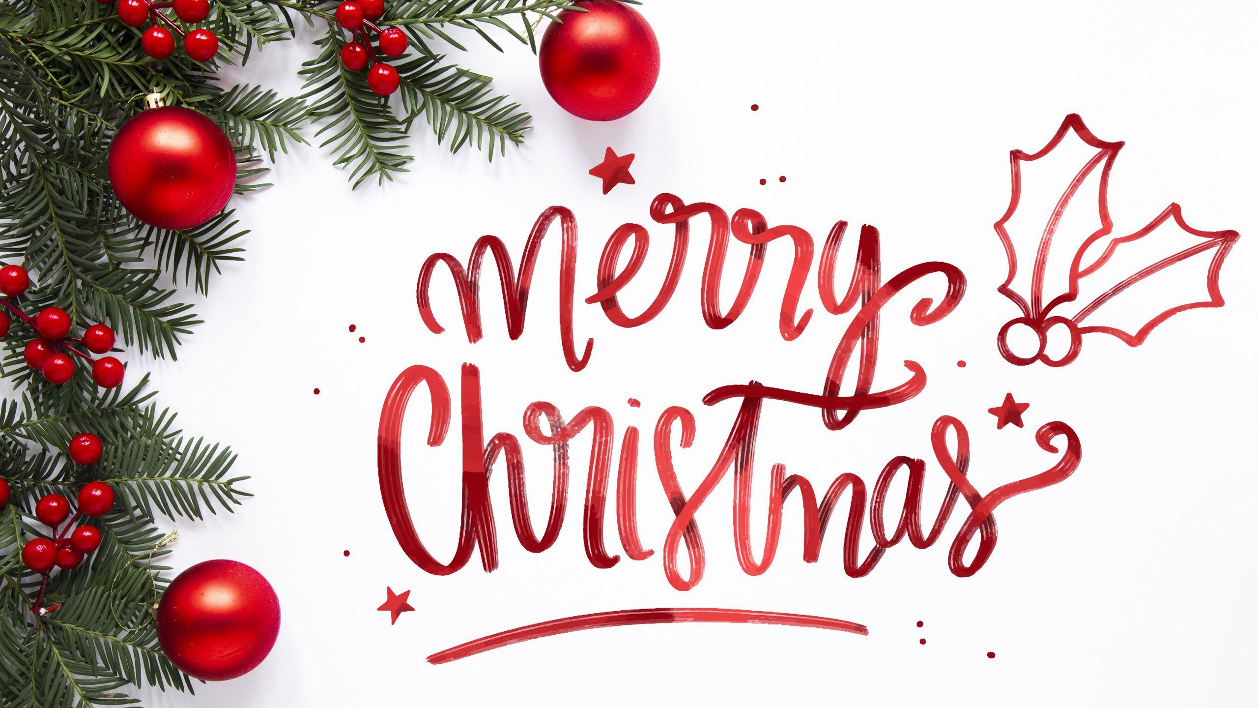 2560x1440 Merry Christmas With Red Balls And Green Leaves In White Background HD Merry Christmas Wallpaper
