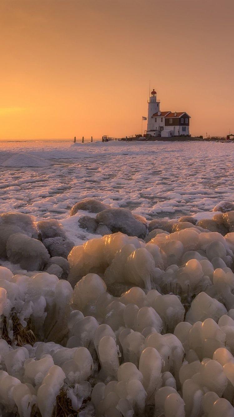 750x1334 Winter, Snow, Ice, Sea, Lighthouse, Sunset 750x1334 IPhone 8 7 6 6S Wallpaper, Background, Picture, Image